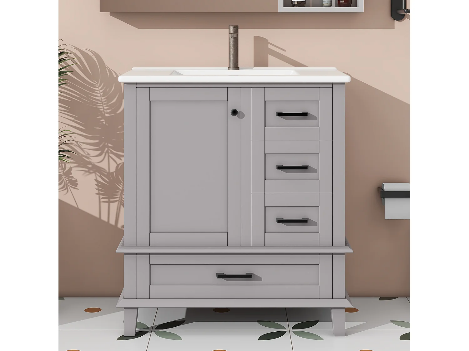 Mobile lavabo singolo a terra - 76 x 46 x 83,5 cm - con lavabo in ceramica - con contenitore - Ceramica + MDF - grigio (Rubinetto non incluso)