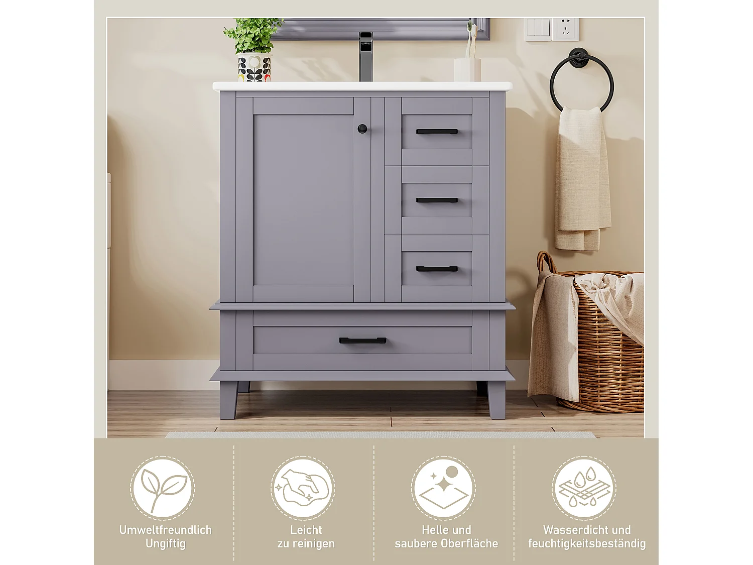 Mobile lavabo singolo a terra - 76 x 46 x 83,5 cm - con lavabo in ceramica - con contenitore - Ceramica + MDF - grigio (Rubinetto non incluso)