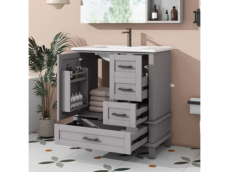 Mobile lavabo singolo a terra - 76 x 46 x 83,5 cm - con lavabo in ceramica - con contenitore - Ceramica + MDF - grigio (Rubinetto non incluso)