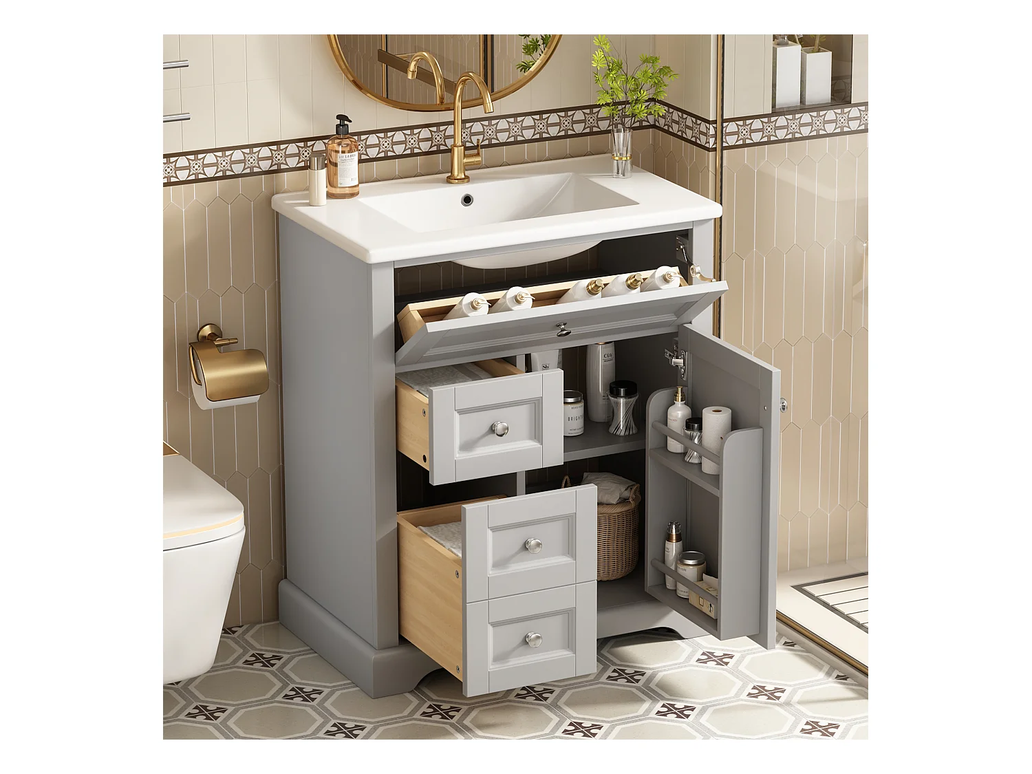 Meuble simple vasque posé au sol - 76 x 46 x 87 cm - avec vasque céramique - avec rangements -  Céramique + MDF - gris (Robinet non inclus)