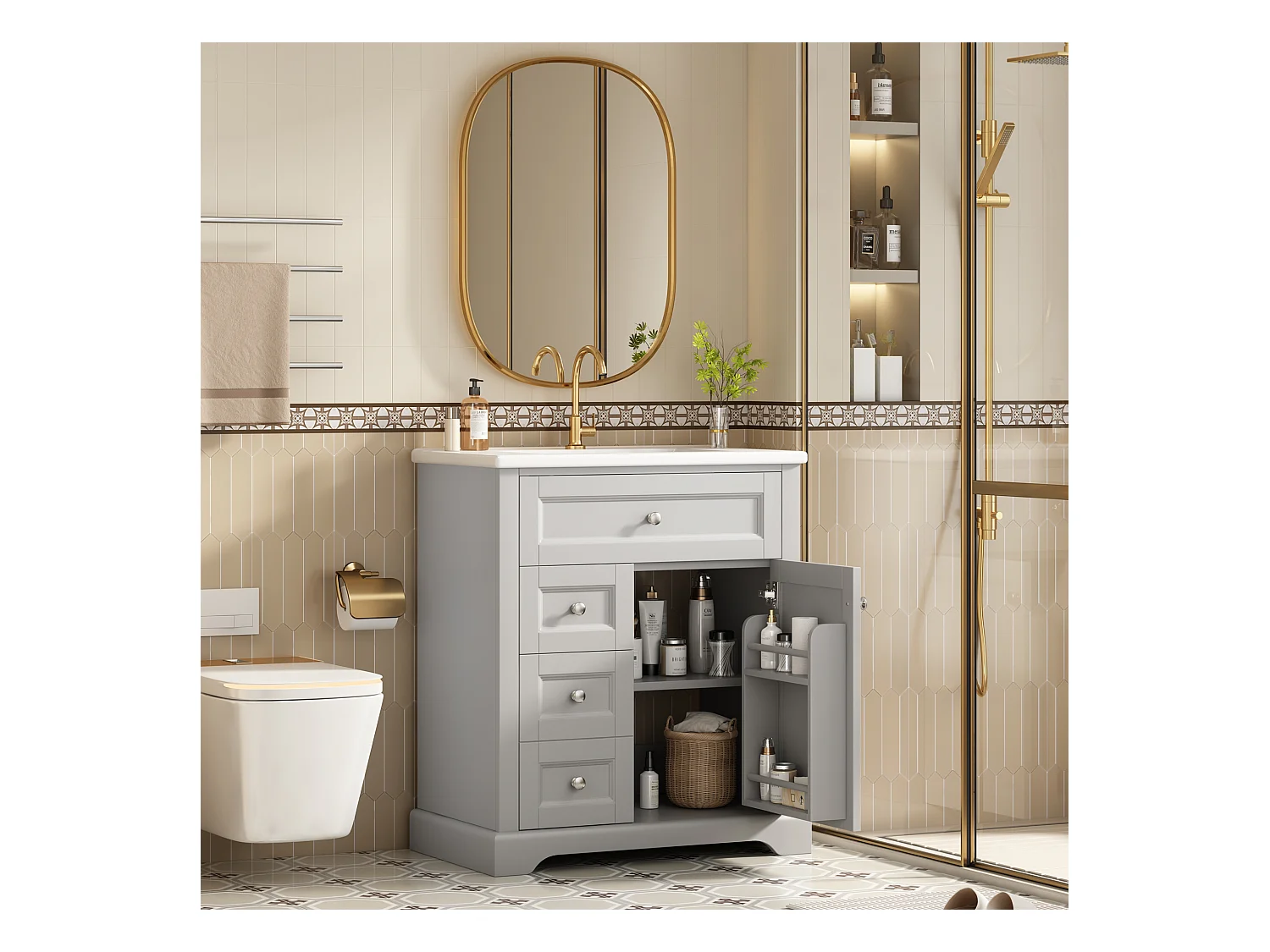 Meuble simple vasque posé au sol - 76 x 46 x 87 cm - avec vasque céramique - avec rangements -  Céramique + MDF - gris (Robinet non inclus)