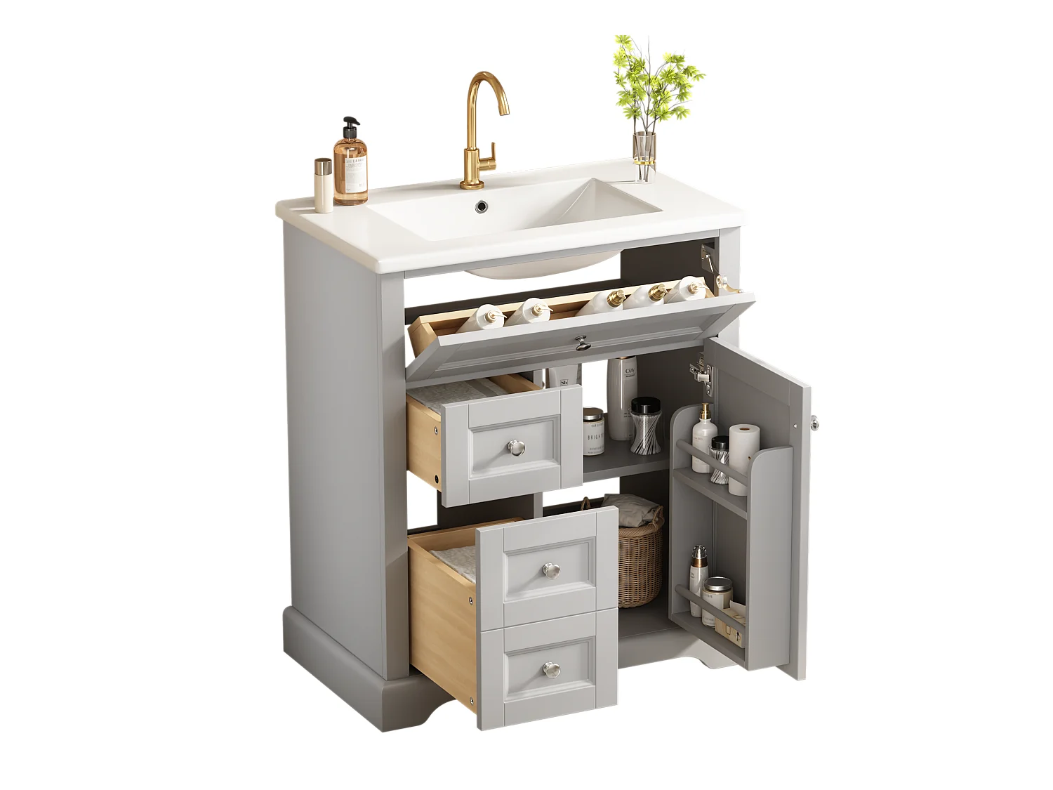 Meuble simple vasque posé au sol - 76 x 46 x 87 cm - avec vasque céramique - avec rangements -  Céramique + MDF - gris (Robinet non inclus)