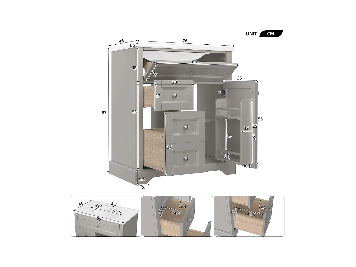 Meuble simple vasque posé au sol - 76 x 46 x 87 cm - avec vasque céramique - avec rangements -  Céramique + MDF - gris (Robinet non inclus)