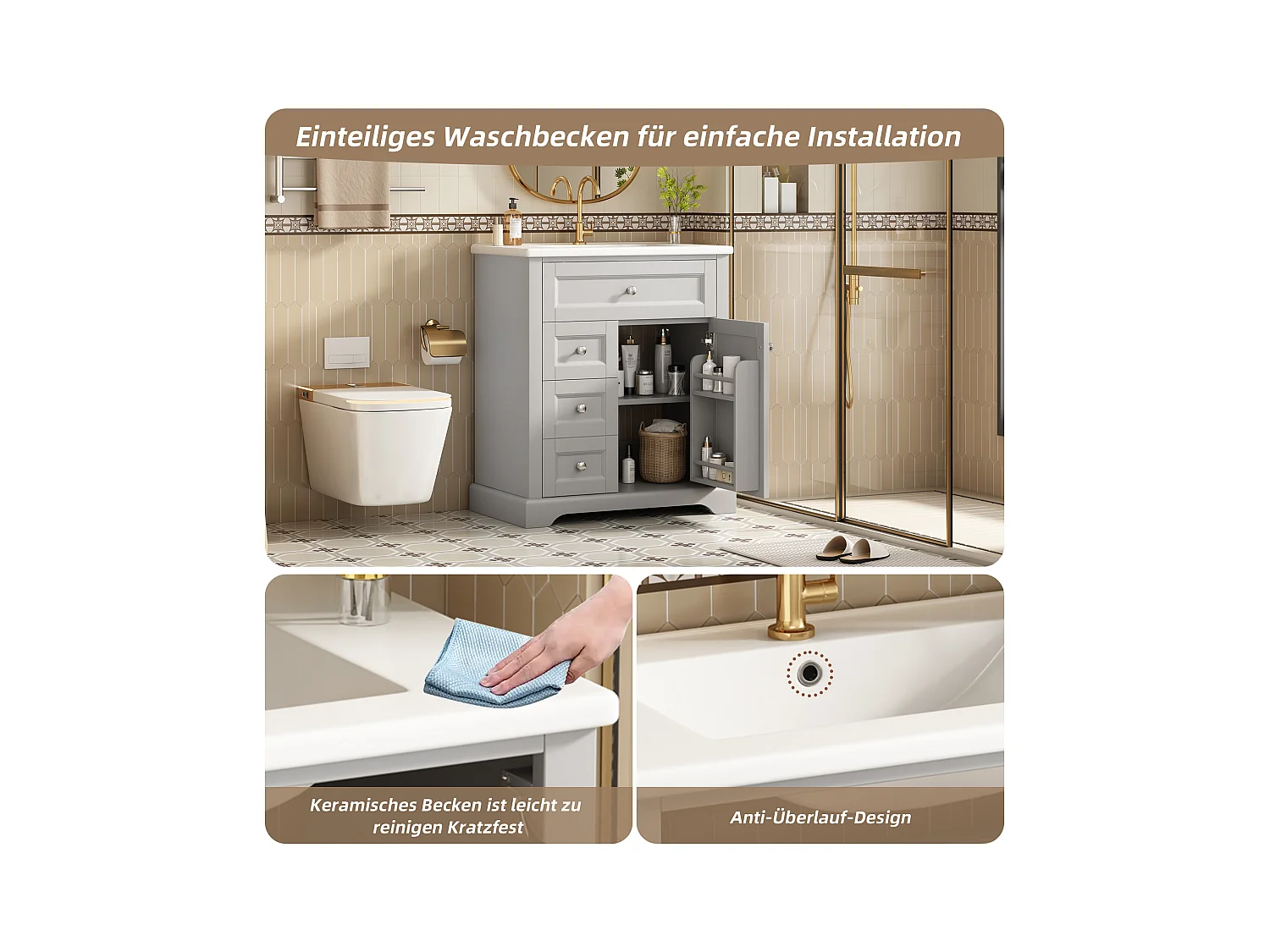 Meuble simple vasque posé au sol - 76 x 46 x 87 cm - avec vasque céramique - avec rangements -  Céramique + MDF - gris (Robinet non inclus)