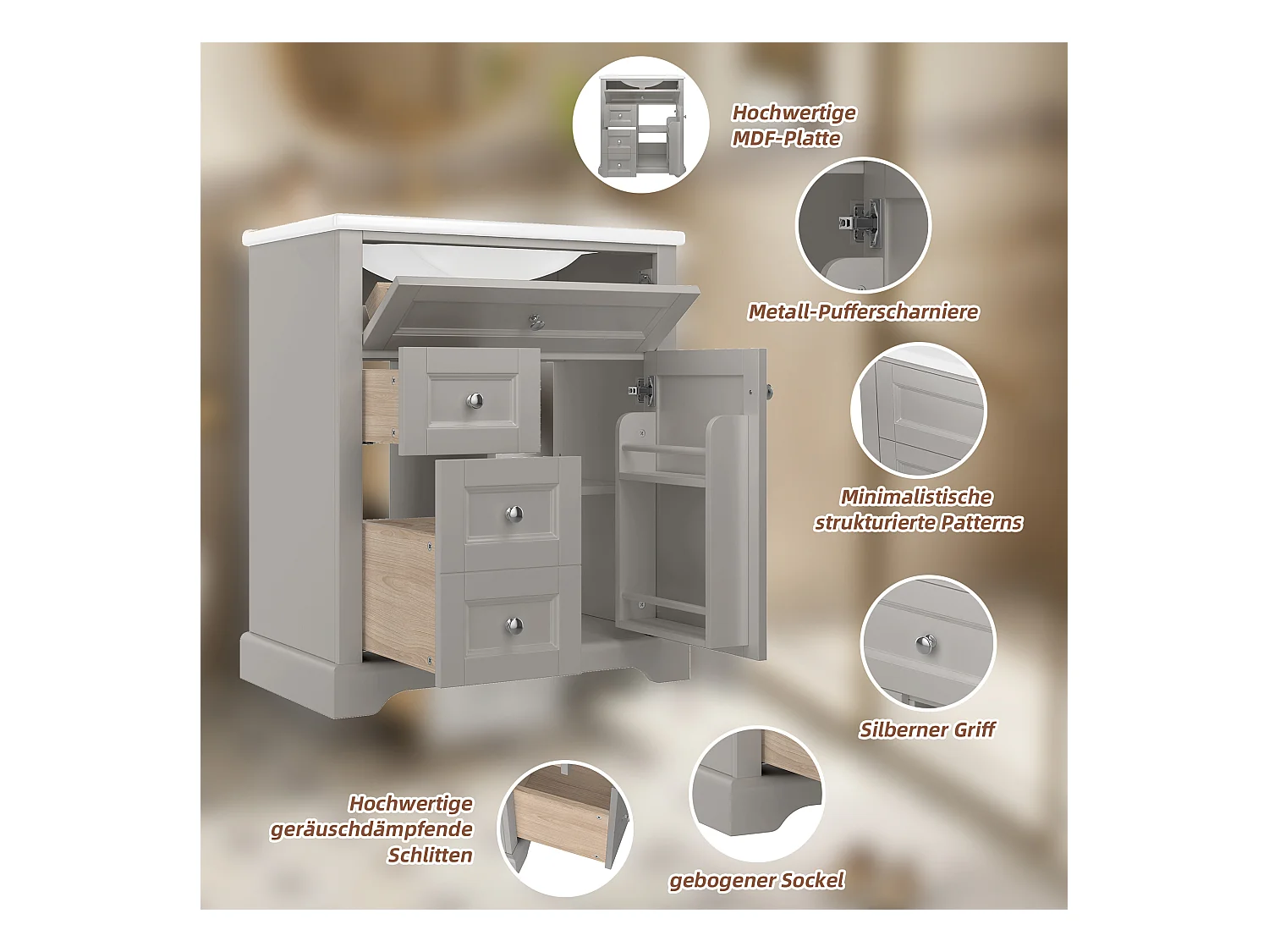 Meuble simple vasque posé au sol - 76 x 46 x 87 cm - avec vasque céramique - avec rangements -  Céramique + MDF - gris (Robinet non inclus)