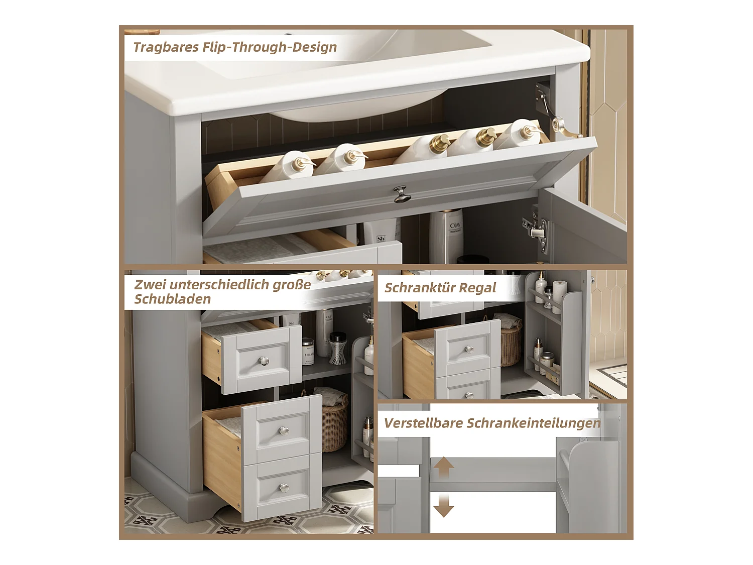 Meuble simple vasque posé au sol - 76 x 46 x 87 cm - avec vasque céramique - avec rangements -  Céramique + MDF - gris (Robinet non inclus)