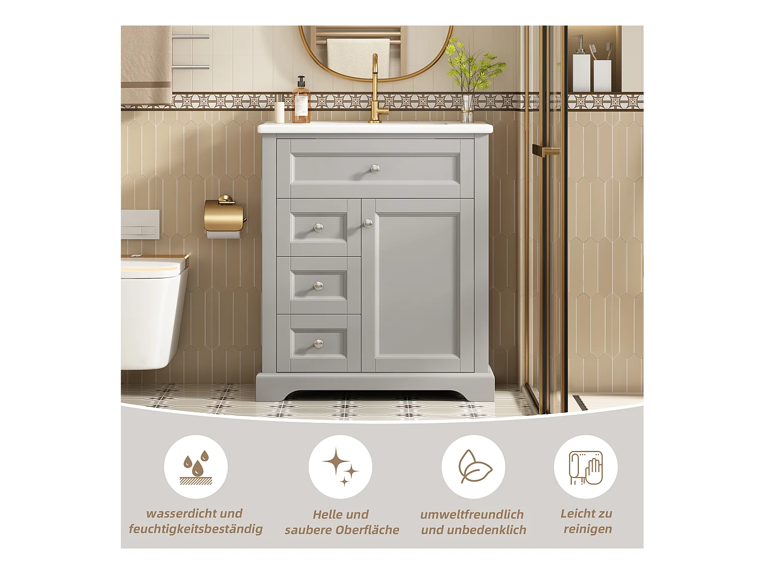 Meuble simple vasque posé au sol - 76 x 46 x 87 cm - avec vasque céramique - avec rangements -  Céramique + MDF - gris (Robinet non inclus)