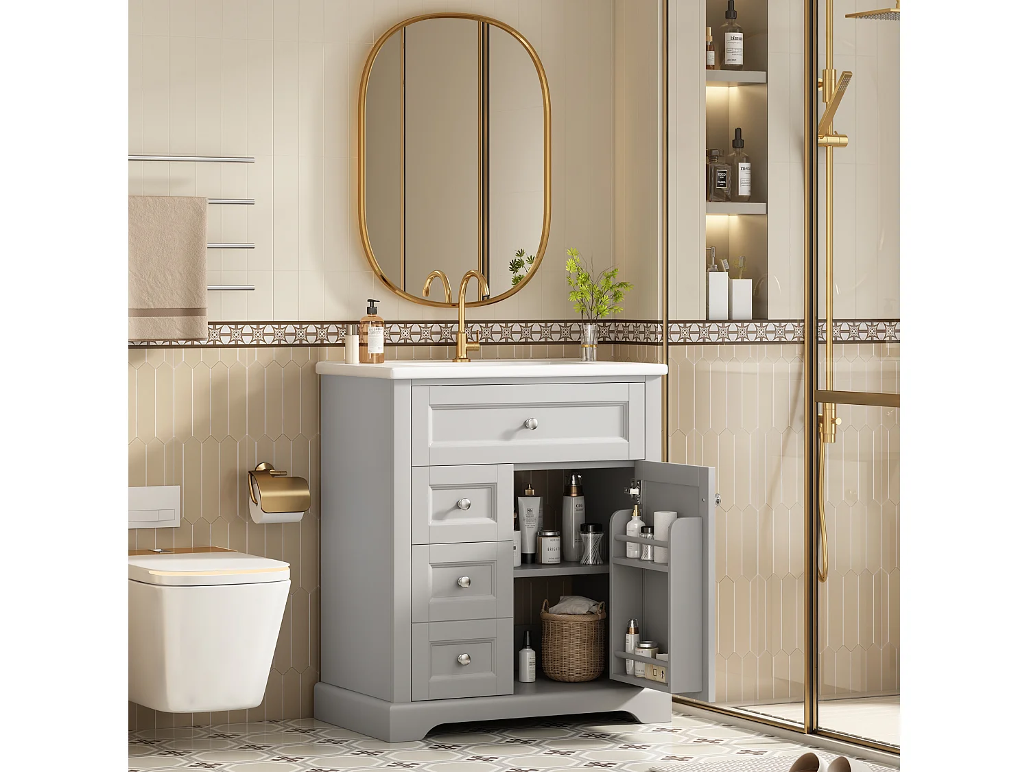 Meuble simple vasque posé au sol - 76 x 46 x 87 cm - avec vasque céramique - avec rangements -  Céramique + MDF - gris (Robinet non inclus)