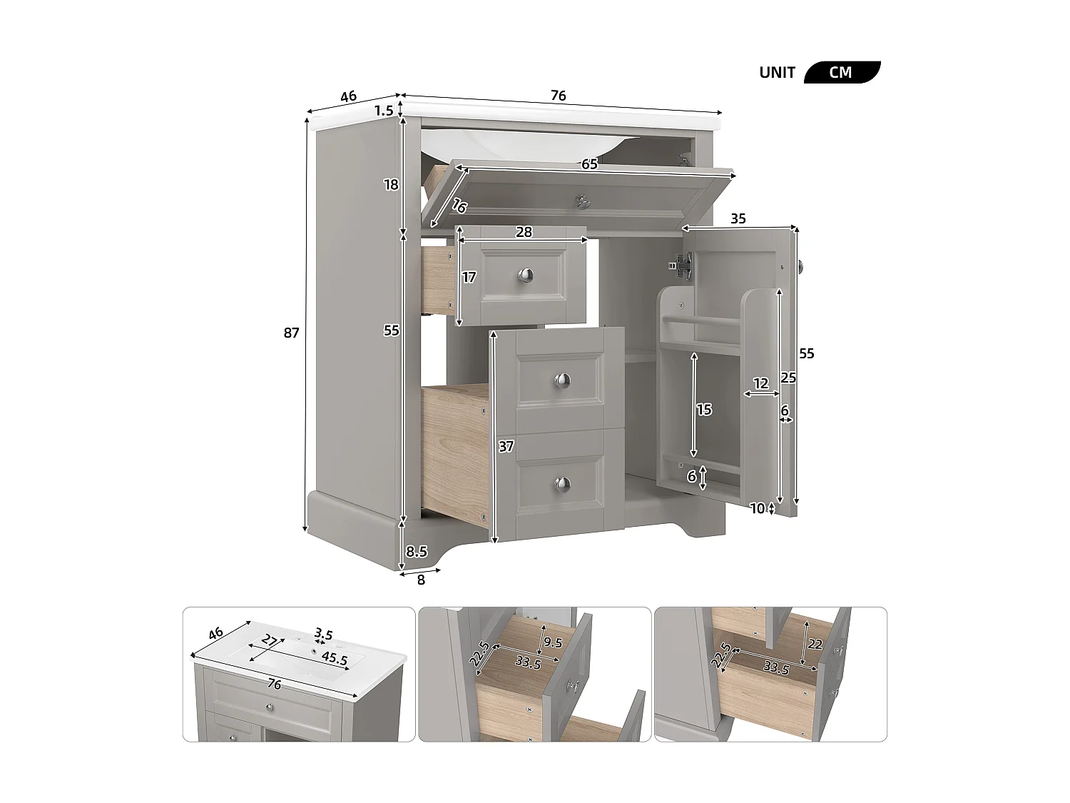 Meuble simple vasque posé au sol - 76 x 46 x 87 cm - avec vasque céramique - avec rangements -  Céramique + MDF - gris (Robinet non inclus)