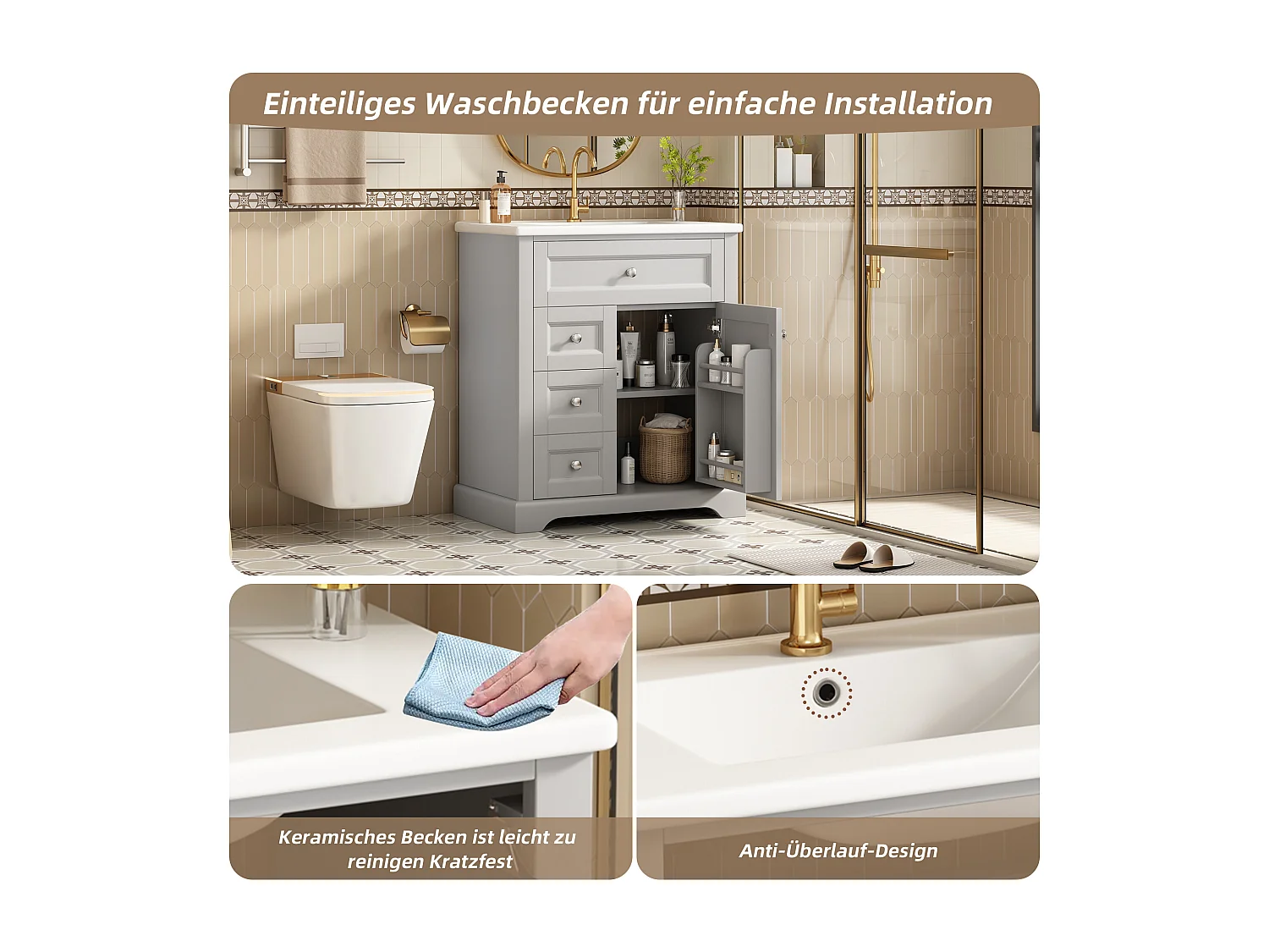 Meuble simple vasque posé au sol - 76 x 46 x 87 cm - avec vasque céramique - avec rangements -  Céramique + MDF - gris (Robinet non inclus)