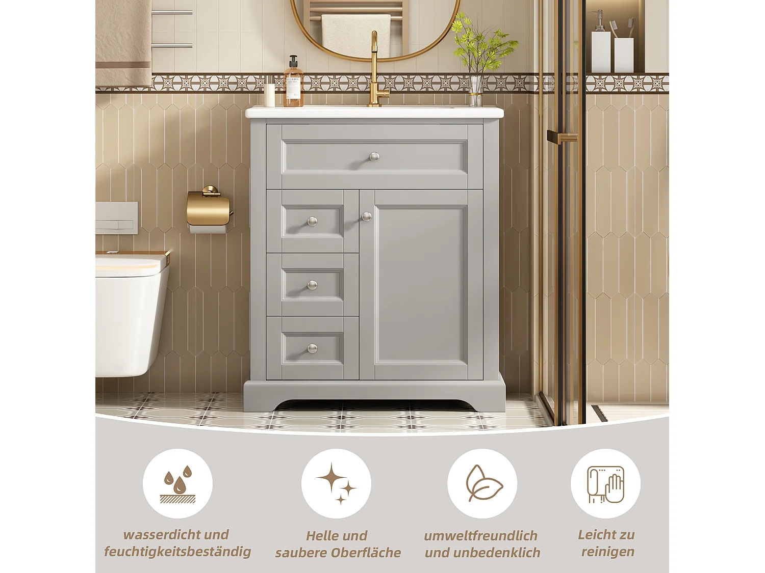 Meuble simple vasque posé au sol - 76 x 46 x 87 cm - avec vasque céramique - avec rangements -  Céramique + MDF - gris (Robinet non inclus)