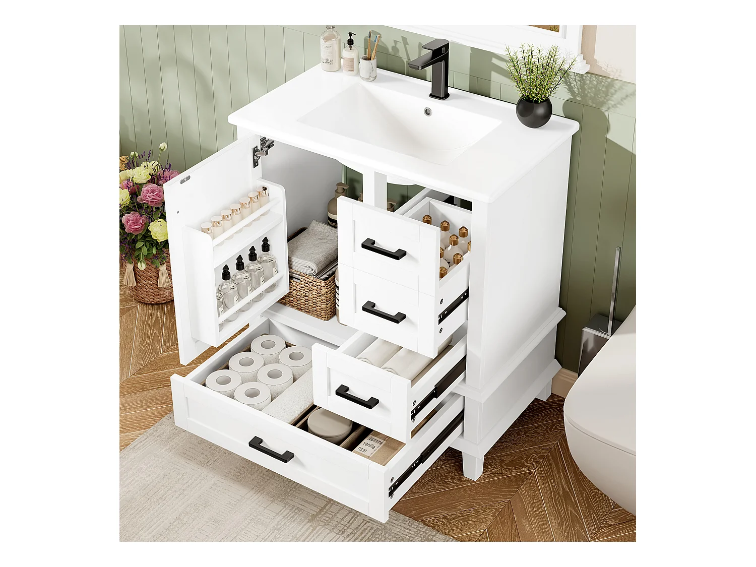Meuble simple vasque posé au sol - 76 x 46 x 83.5 cm - avec vasque céramique - avec rangements -  Céramique + MDF - blanc (Robinet non inclus)