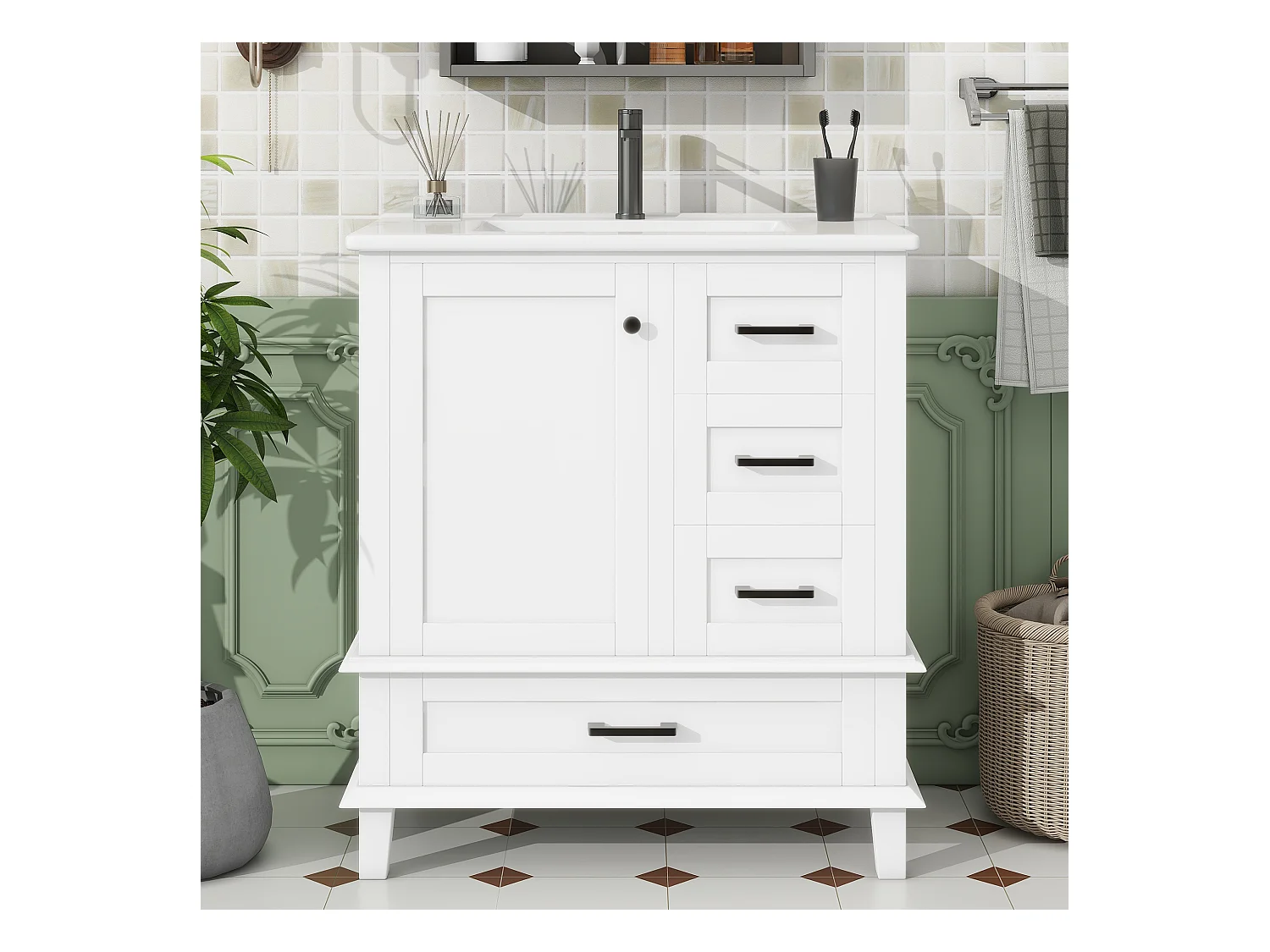 Meuble simple vasque posé au sol - 76 x 46 x 83.5 cm - avec vasque céramique - avec rangements -  Céramique + MDF - blanc (Robinet non inclus)