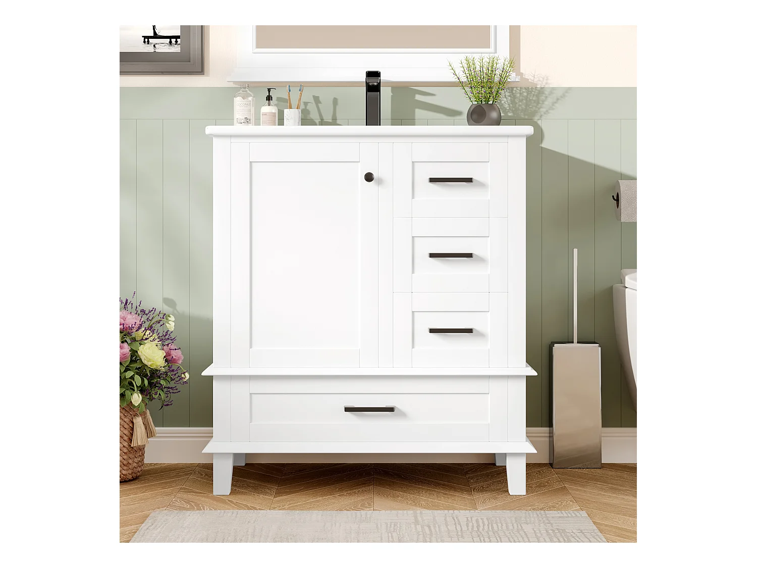 Meuble simple vasque posé au sol - 76 x 46 x 83.5 cm - avec vasque céramique - avec rangements -  Céramique + MDF - blanc (Robinet non inclus)