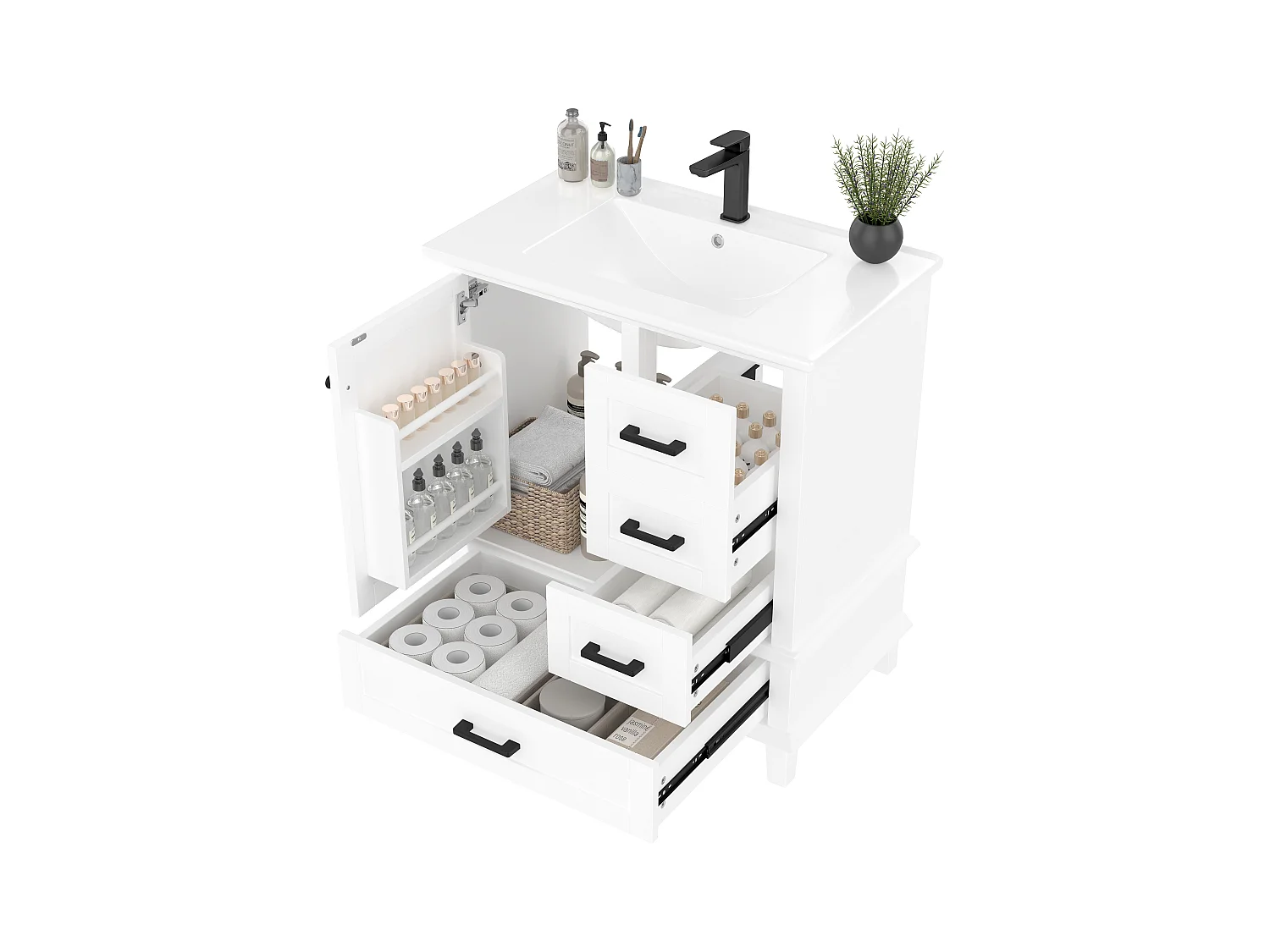 Meuble simple vasque posé au sol - 76 x 46 x 83.5 cm - avec vasque céramique - avec rangements -  Céramique + MDF - blanc (Robinet non inclus)