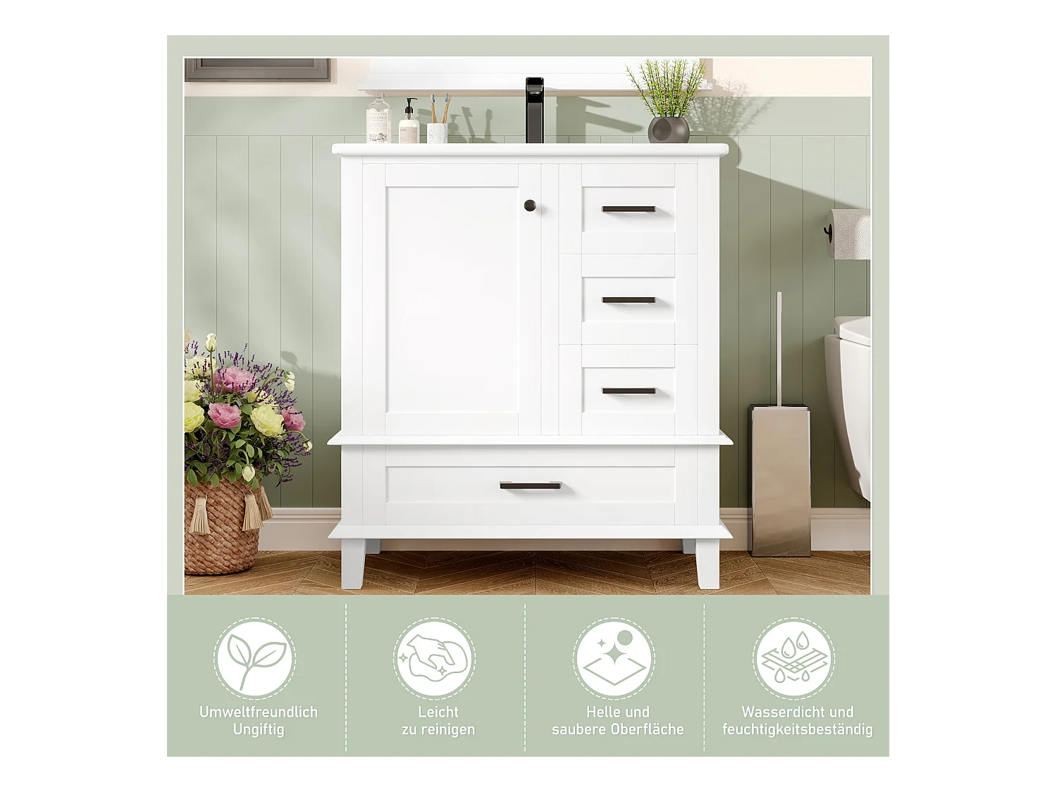 Meuble simple vasque posé au sol - 76 x 46 x 83.5 cm - avec vasque céramique - avec rangements -  Céramique + MDF - blanc (Robinet non inclus)