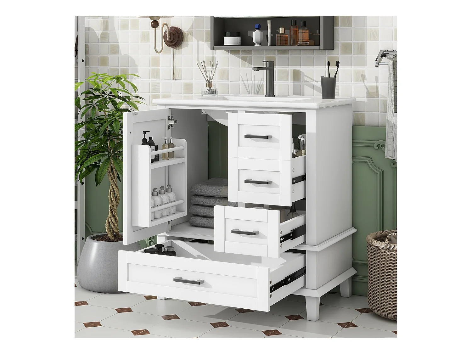 Einzelwaschtisch, bodenstehender Waschtischunterschrank – 76 x 46 x 83,5 cm – mit Keramikbecken – mit Ablage – Keramik + MDF – weiß (Wasserhahn nicht enthalten)