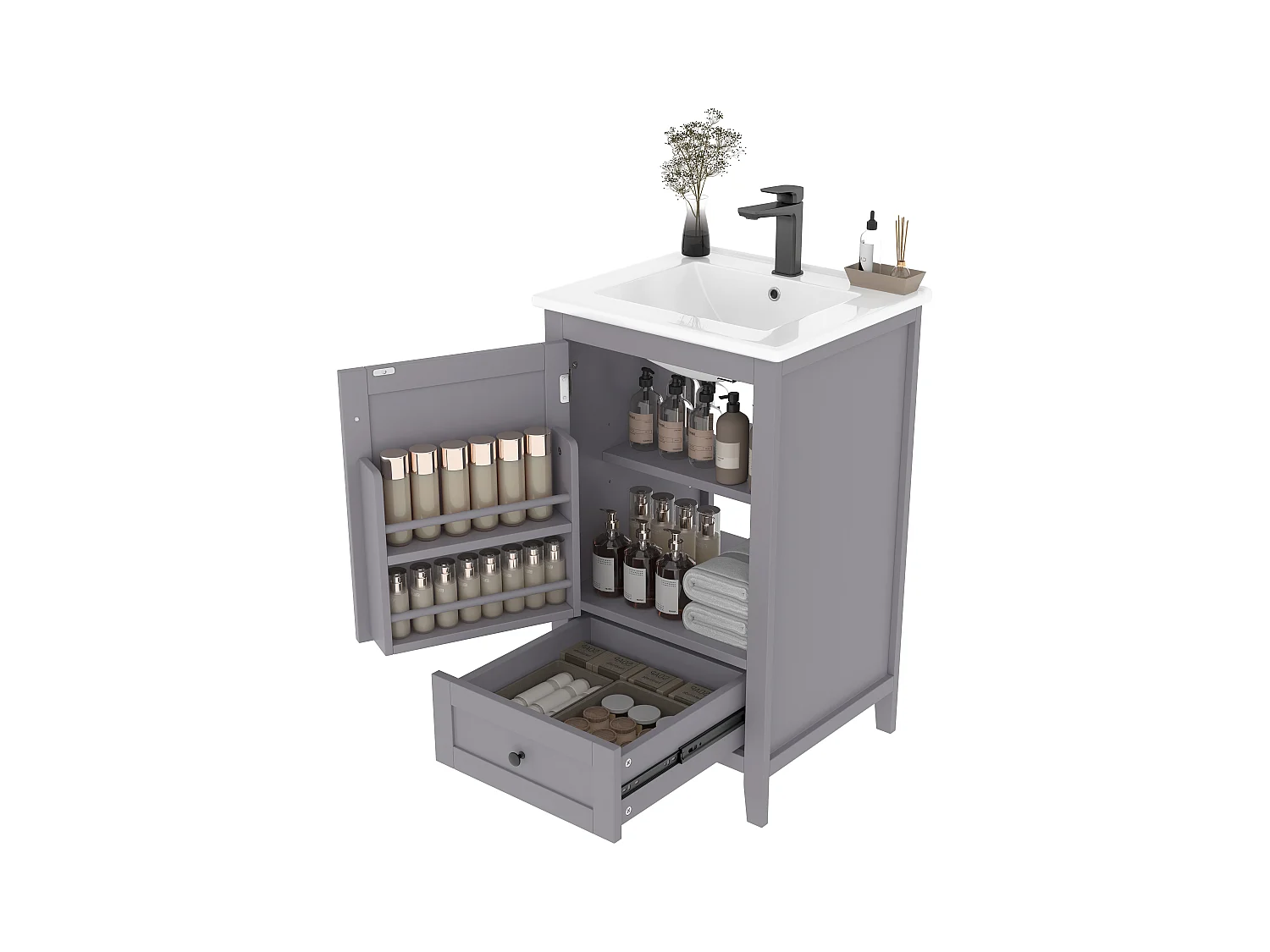 Meuble simple vasque posé au sol - 51 x 46 x 85 cm - avec vasque céramique - avec rangements -  Céramique + MDF - gris (Robinet non inclus)