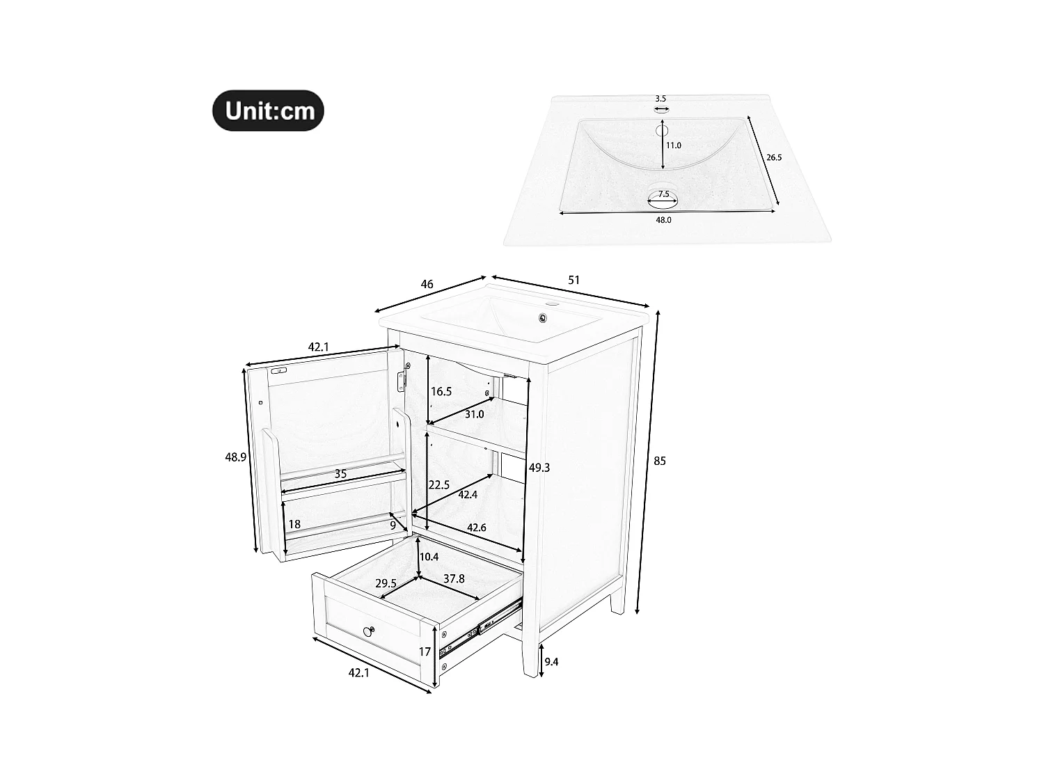 Meuble simple vasque posé au sol - 51 x 46 x 85 cm - avec vasque céramique - avec rangements -  Céramique + MDF - gris (Robinet non inclus)