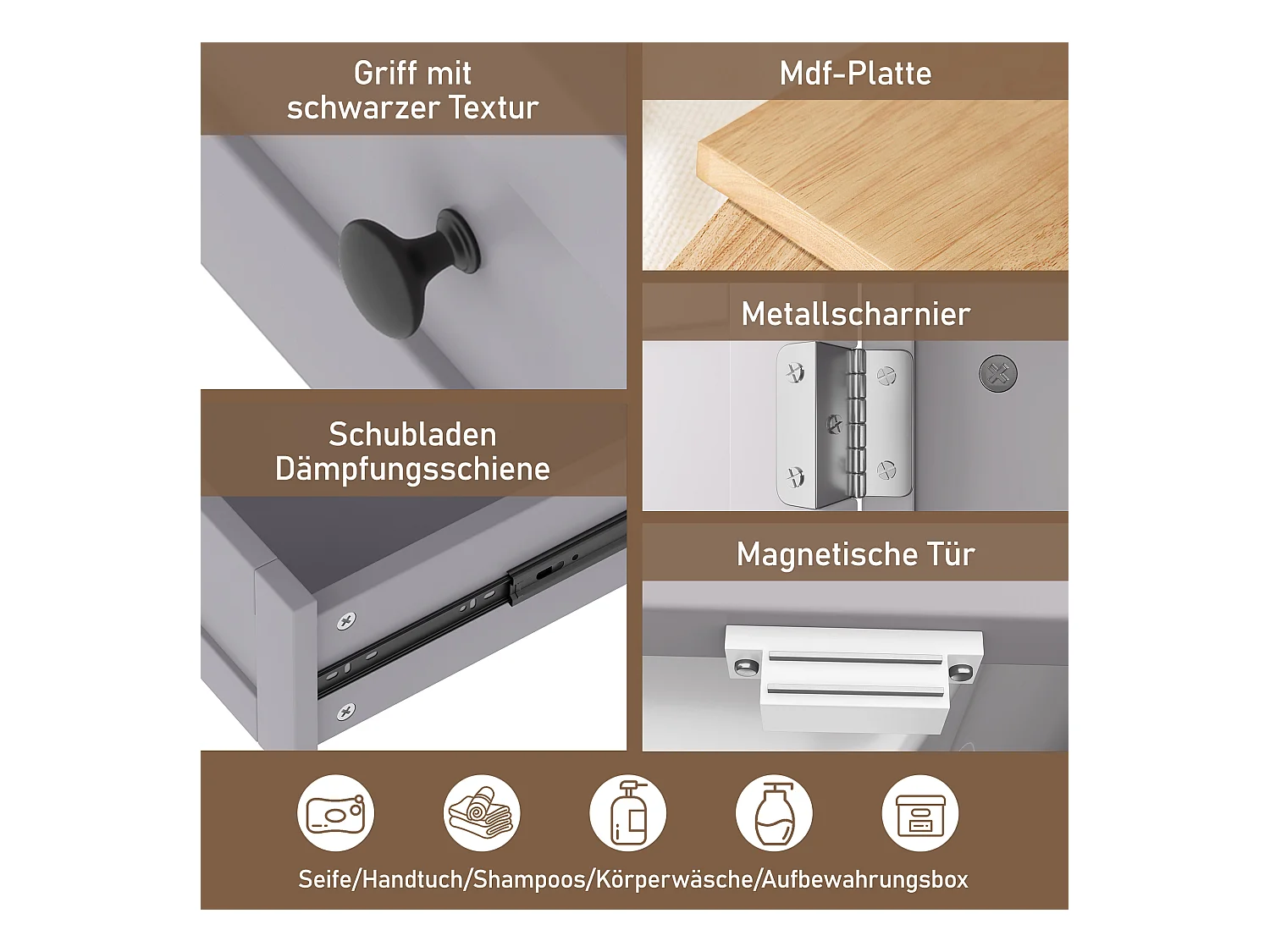 Enkele wastafel staand meubel - 51 x 46 x 85 cm - met keramische waskom - met opbergruimte - Keramiek + MDF - grijs (Kraan niet inbegrepen)