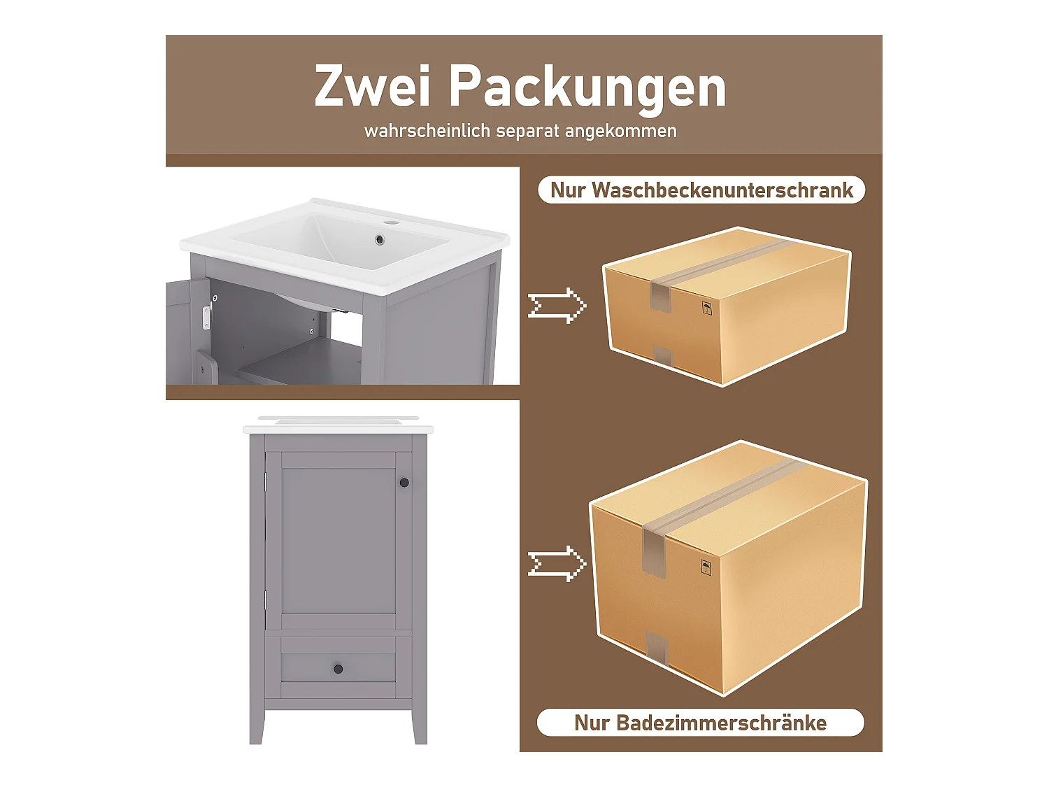 Enkele wastafel staand meubel - 51 x 46 x 85 cm - met keramische waskom - met opbergruimte - Keramiek + MDF - grijs (Kraan niet inbegrepen)