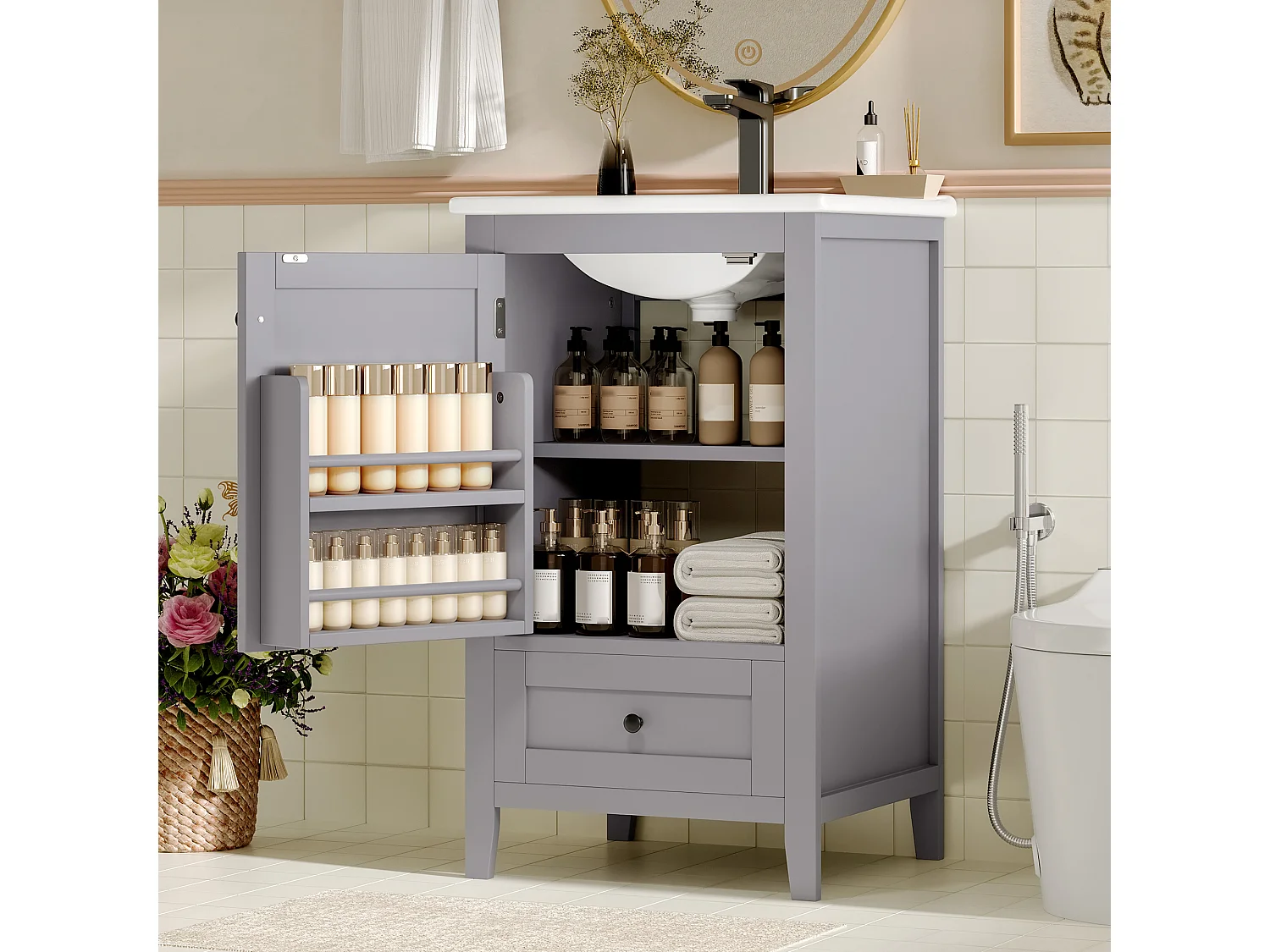 Meuble simple vasque posé au sol - 51 x 46 x 85 cm - avec vasque céramique - avec rangements -  Céramique + MDF - gris (Robinet non inclus)