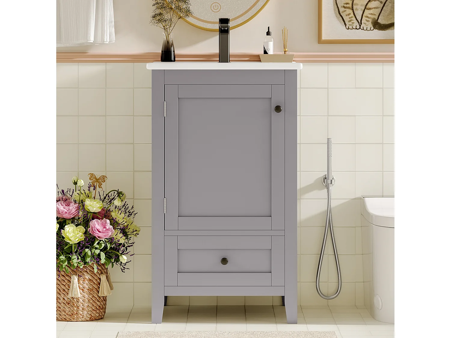 Meuble simple vasque posé au sol - 51 x 46 x 85 cm - avec vasque céramique - avec rangements -  Céramique + MDF - gris (Robinet non inclus)