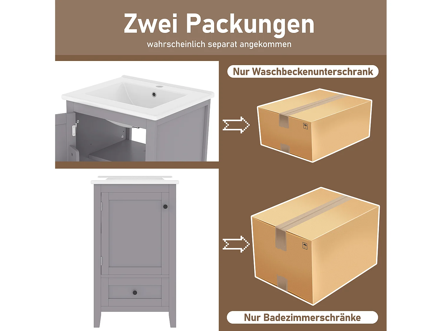 Meuble simple vasque posé au sol - 51 x 46 x 85 cm - avec vasque céramique - avec rangements -  Céramique + MDF - gris (Robinet non inclus)