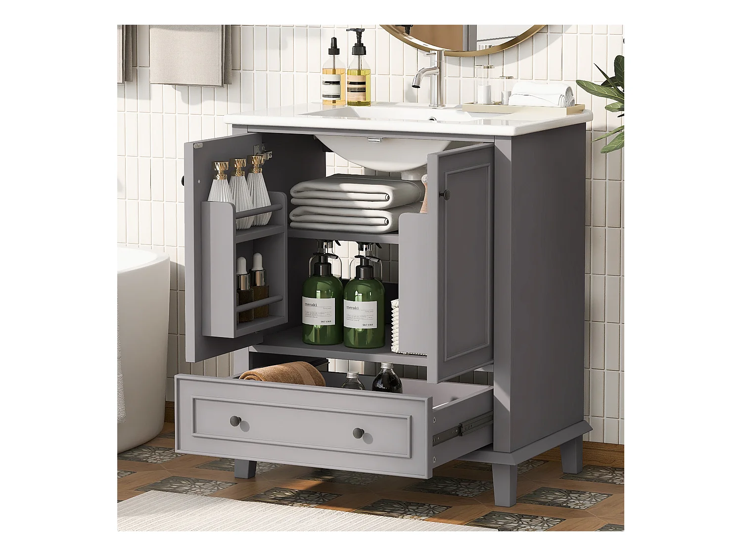 Meuble simple vasque posé au sol - 76 x 46 x 87 cm - avec vasque céramique - avec rangements -  Céramique + MDF - gris (Robinet non inclus)