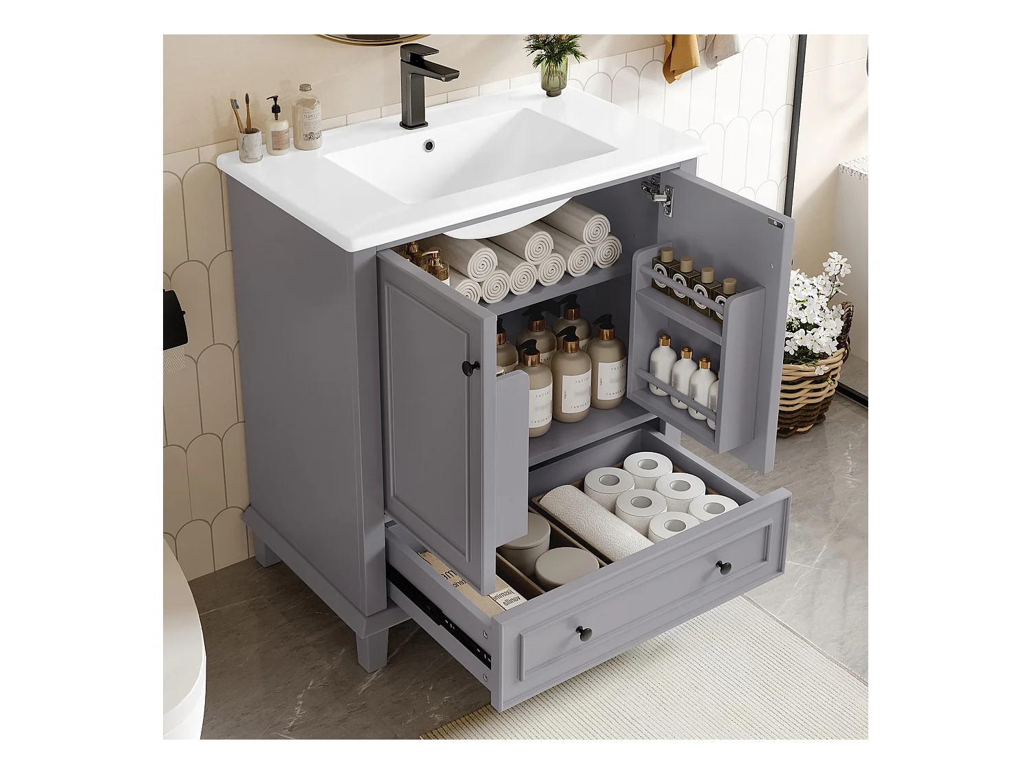 Meuble simple vasque posé au sol - 76 x 46 x 87 cm - avec vasque céramique - avec rangements -  Céramique + MDF - gris (Robinet non inclus)