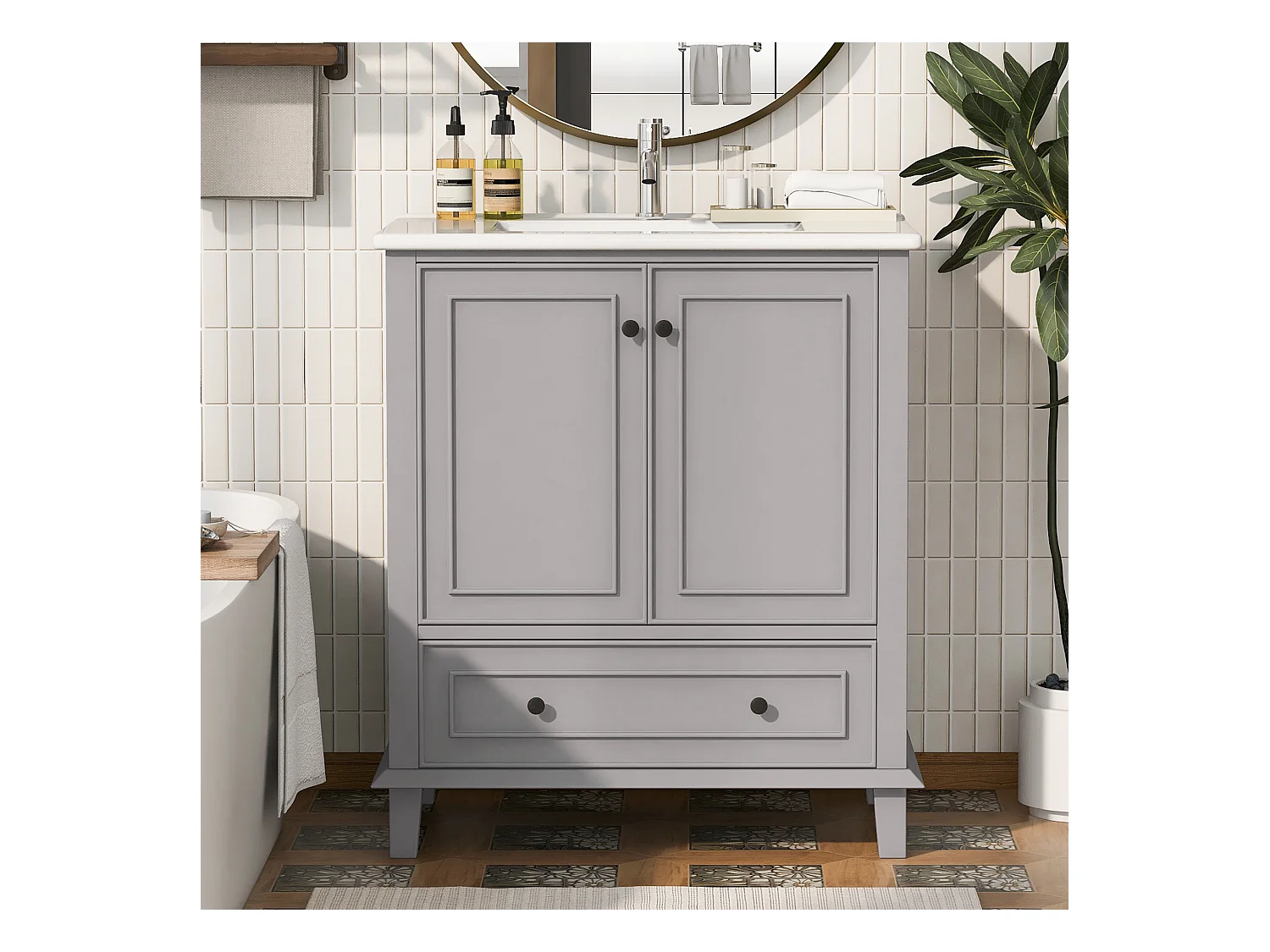 Meuble simple vasque posé au sol - 76 x 46 x 87 cm - avec vasque céramique - avec rangements -  Céramique + MDF - gris (Robinet non inclus)