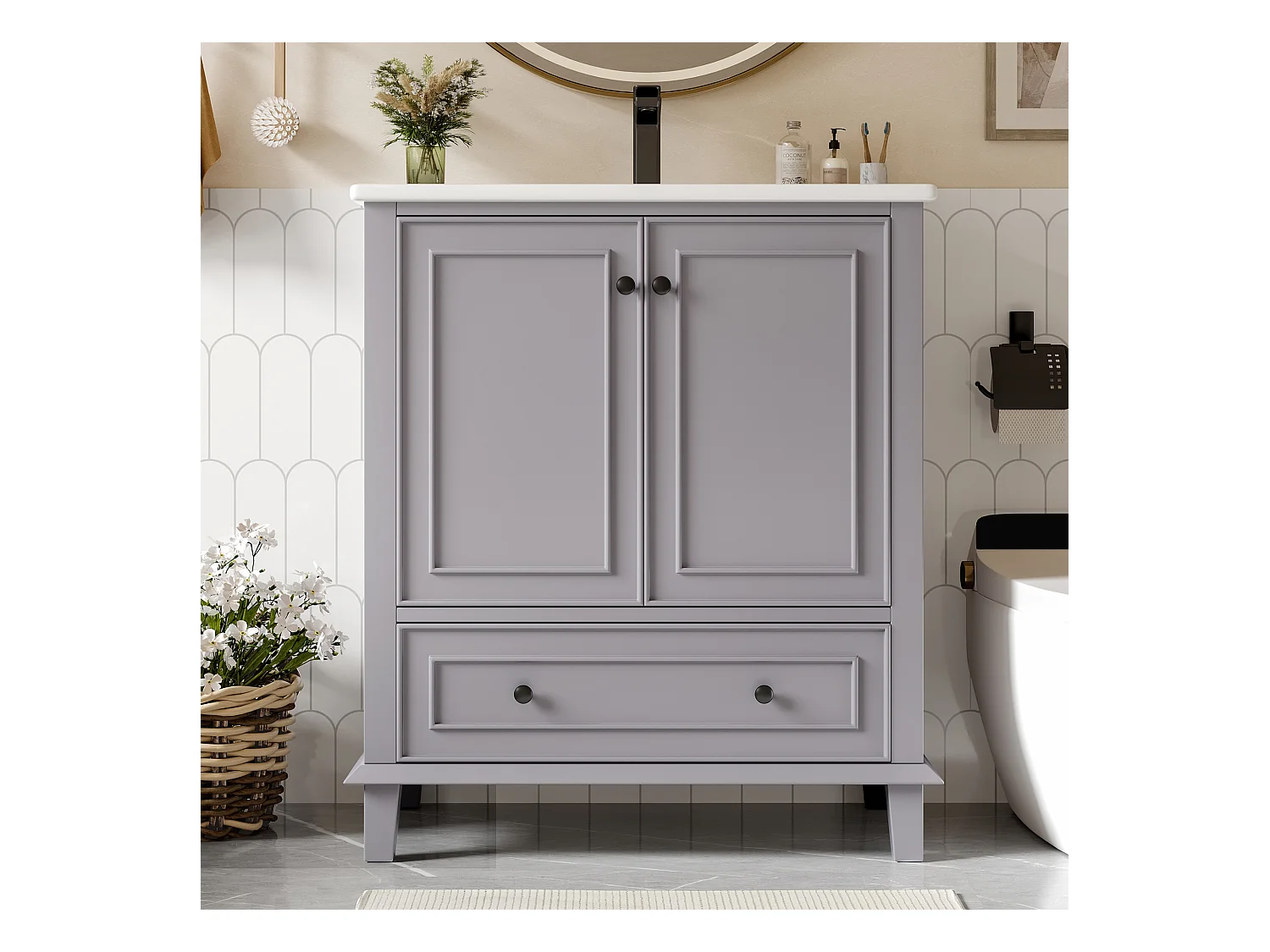 Meuble simple vasque posé au sol - 76 x 46 x 87 cm - avec vasque céramique - avec rangements -  Céramique + MDF - gris (Robinet non inclus)