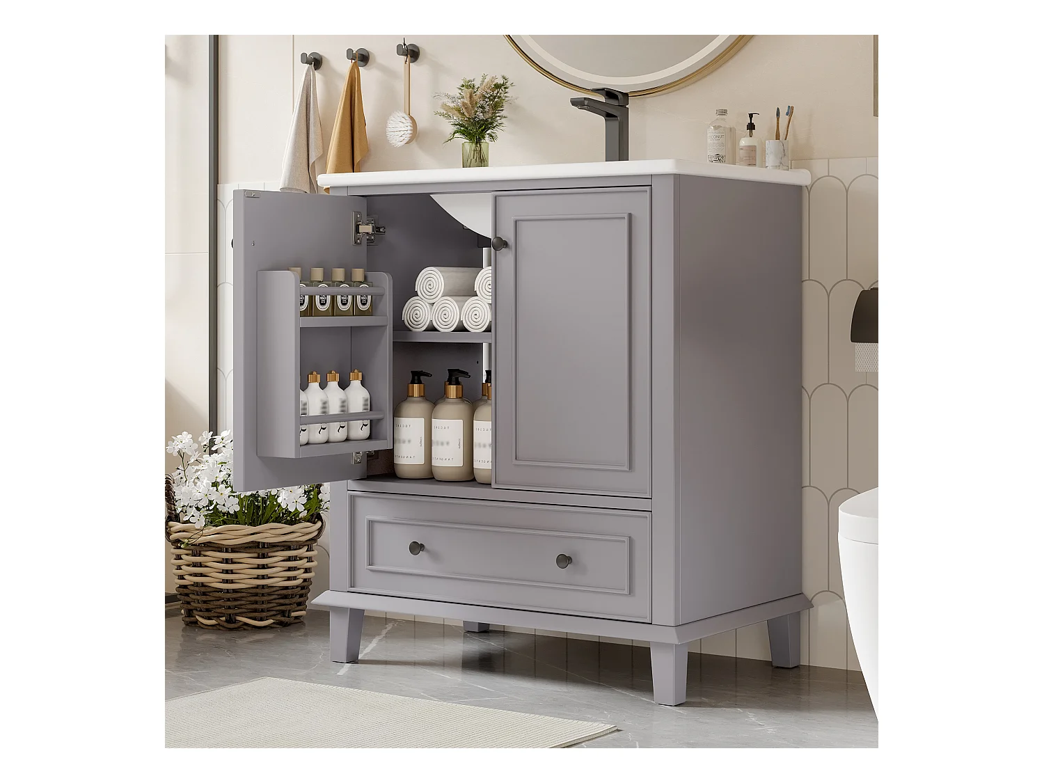 Meuble simple vasque posé au sol - 76 x 46 x 87 cm - avec vasque céramique - avec rangements -  Céramique + MDF - gris (Robinet non inclus)