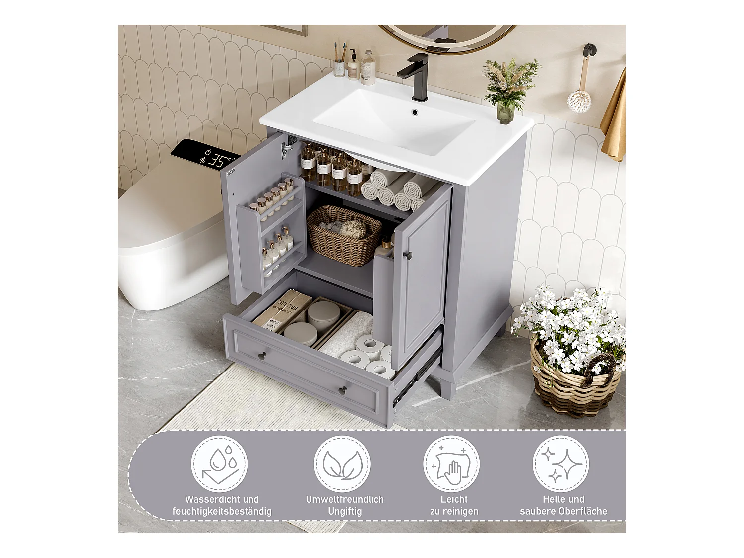 Meuble simple vasque posé au sol - 76 x 46 x 87 cm - avec vasque céramique - avec rangements -  Céramique + MDF - gris (Robinet non inclus)