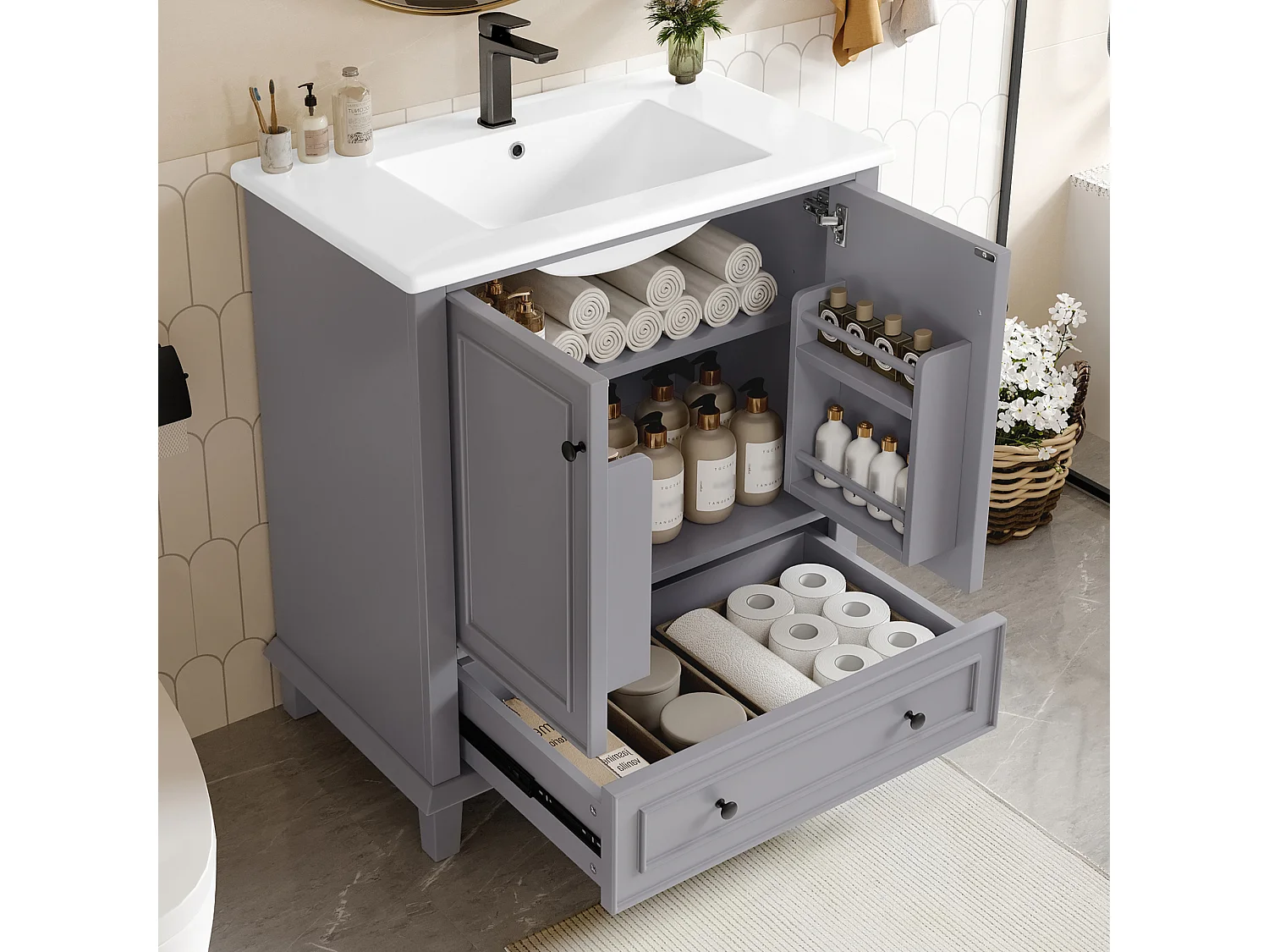 Meuble simple vasque posé au sol - 76 x 46 x 87 cm - avec vasque céramique - avec rangements -  Céramique + MDF - gris (Robinet non inclus)