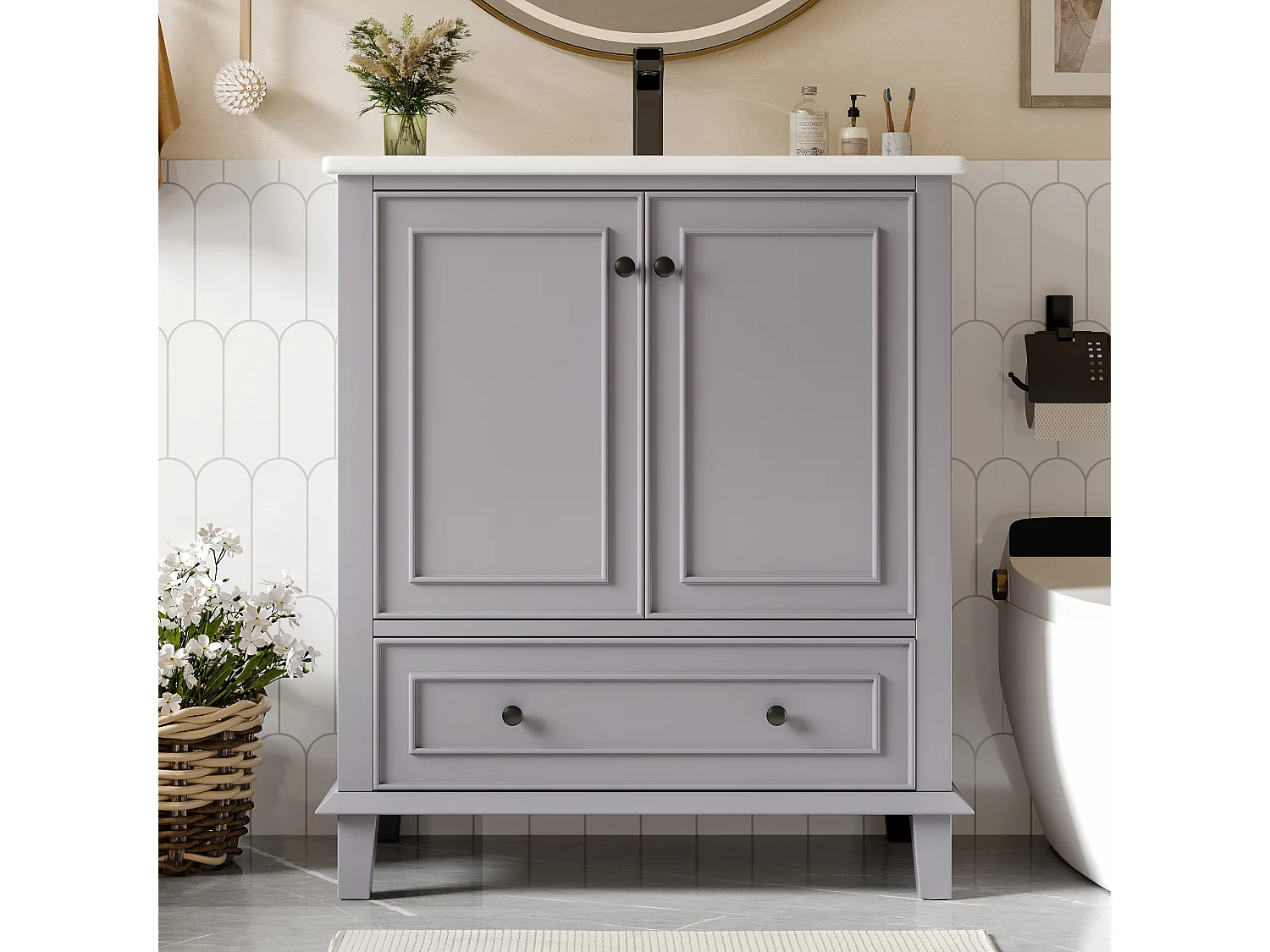 Meuble simple vasque posé au sol - 76 x 46 x 87 cm - avec vasque céramique - avec rangements -  Céramique + MDF - gris (Robinet non inclus)