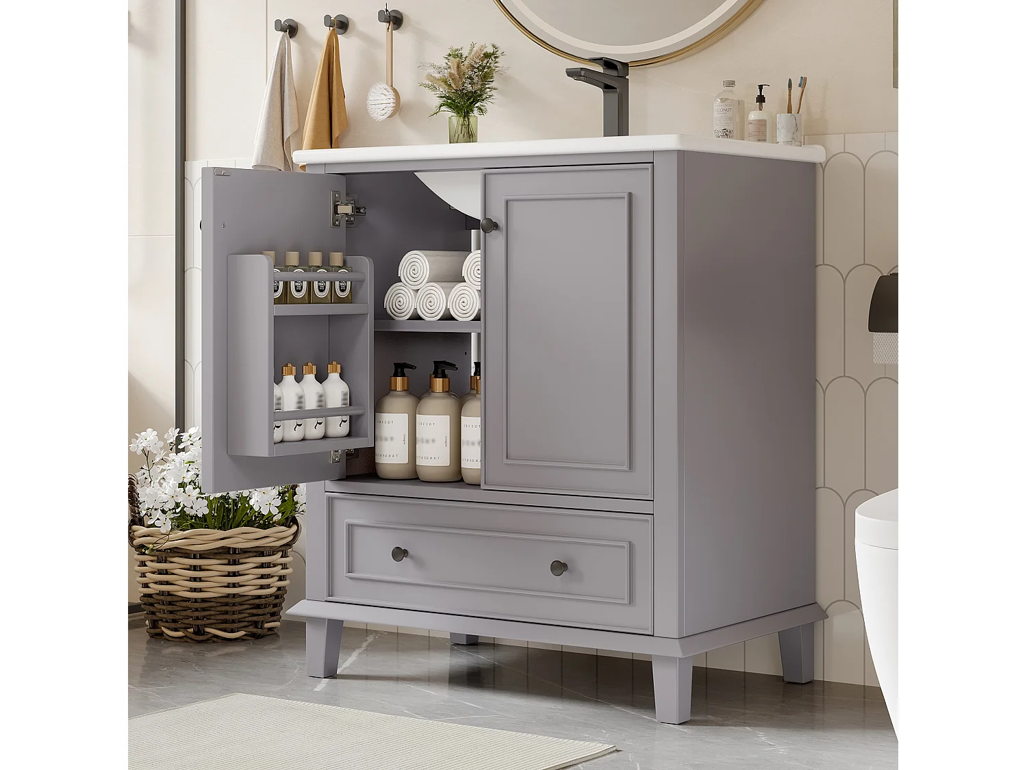 Meuble simple vasque posé au sol - 76 x 46 x 87 cm - avec vasque céramique - avec rangements -  Céramique + MDF - gris (Robinet non inclus)