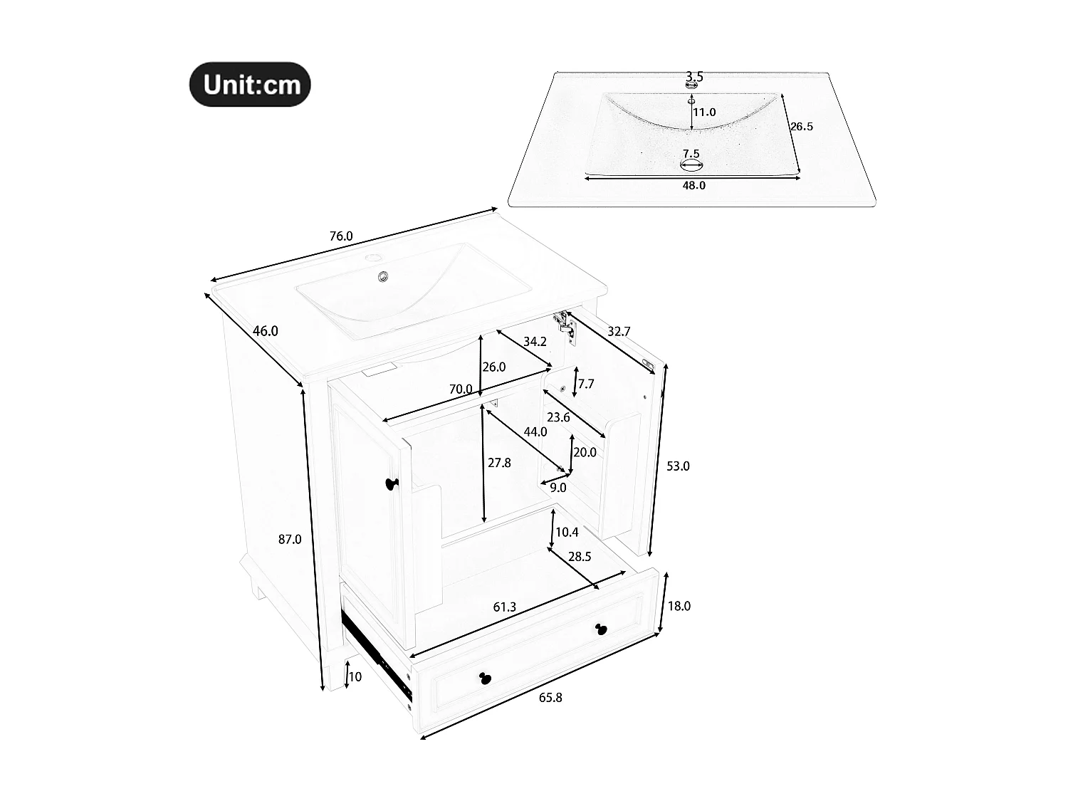 Meuble simple vasque posé au sol - 76 x 46 x 87 cm - avec vasque céramique - avec rangements -  Céramique + MDF - gris (Robinet non inclus)