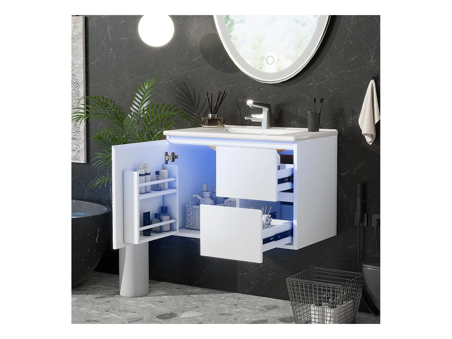 Meuble simple vasque suspendus - 76 x 46 x 50 cm - avec Leds + 2 tiroirs -  vasque intégrée - Céramique + MDF - blanc (Robinet non inclus)