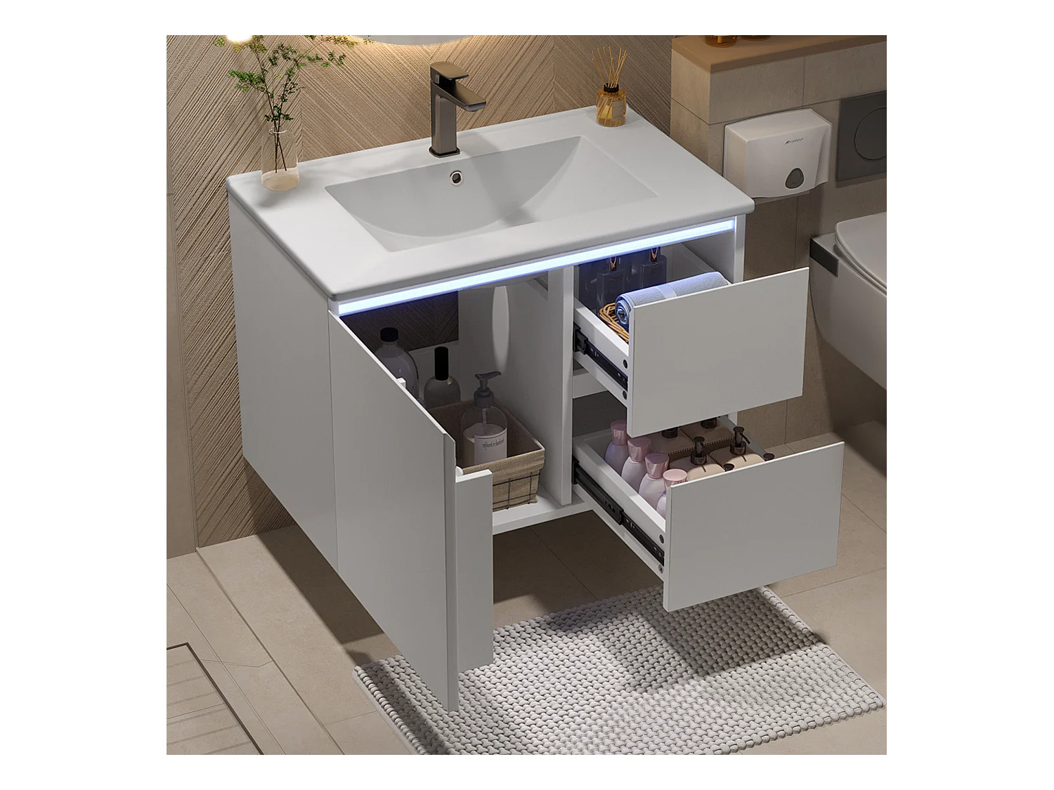 Meuble simple vasque suspendus - 76 x 46 x 50 cm - avec Leds + 2 tiroirs -  vasque intégrée - Céramique + MDF - blanc (Robinet non inclus)