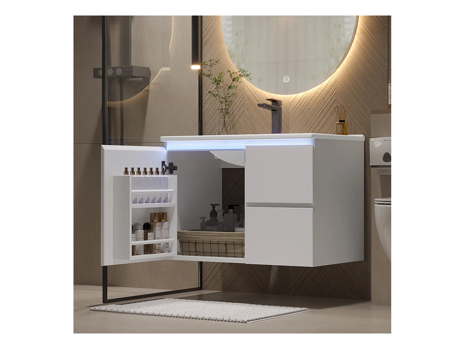 Meuble simple vasque suspendus - 76 x 46 x 50 cm - avec Leds + 2 tiroirs -  vasque intégrée - Céramique + MDF - blanc (Robinet non inclus)