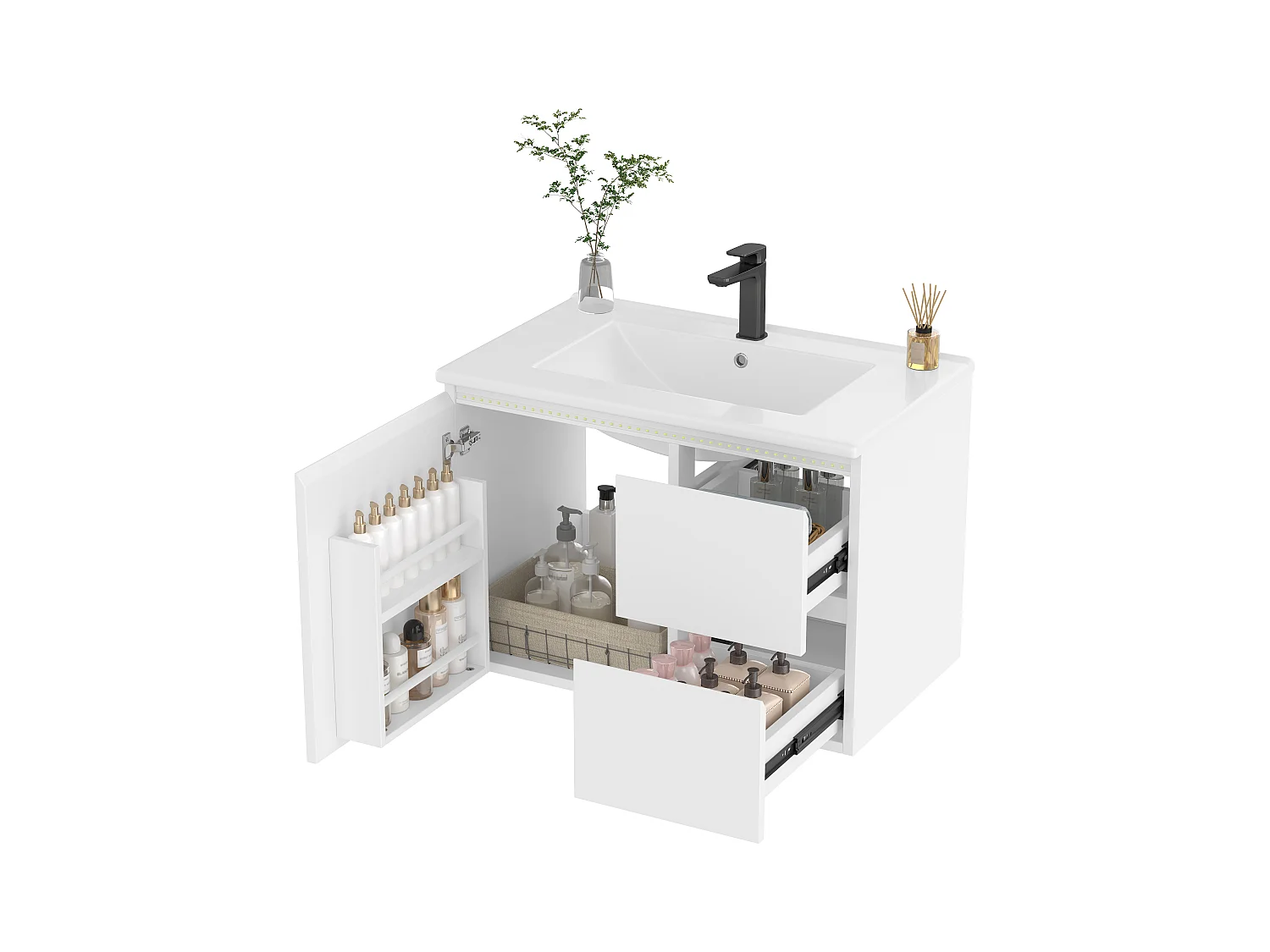 Meuble simple vasque suspendus - 76 x 46 x 50 cm - avec Leds + 2 tiroirs -  vasque intégrée - Céramique + MDF - blanc (Robinet non inclus)