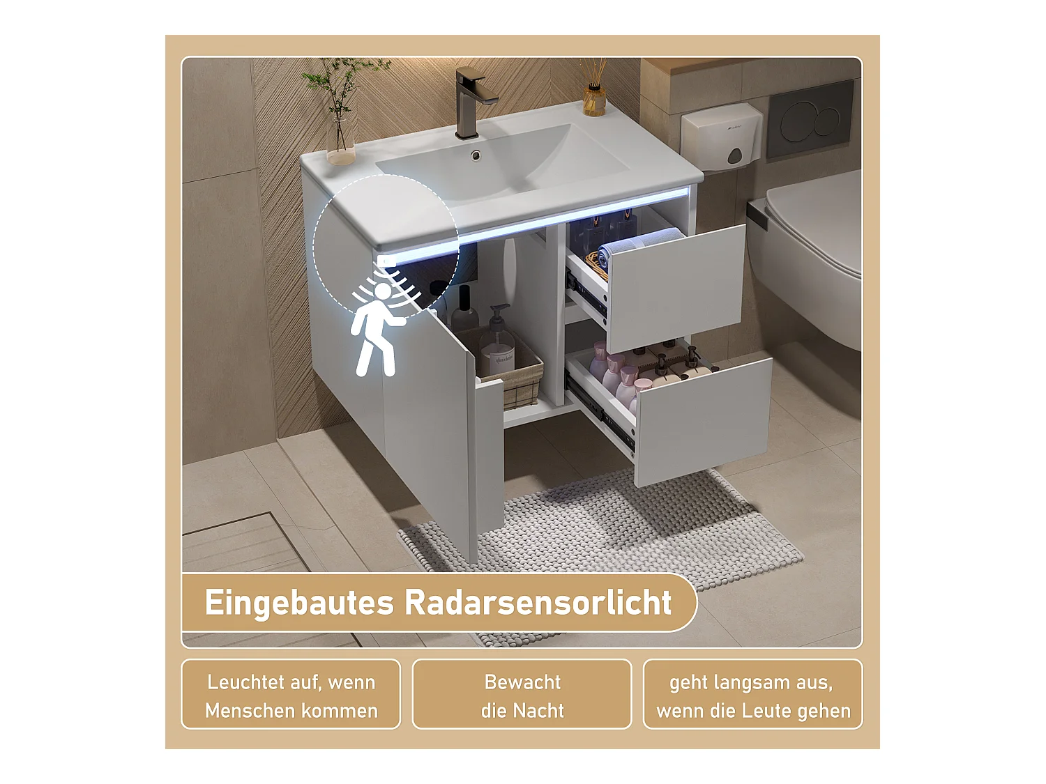 Meuble simple vasque suspendus - 76 x 46 x 50 cm - avec Leds + 2 tiroirs -  vasque intégrée - Céramique + MDF - blanc (Robinet non inclus)