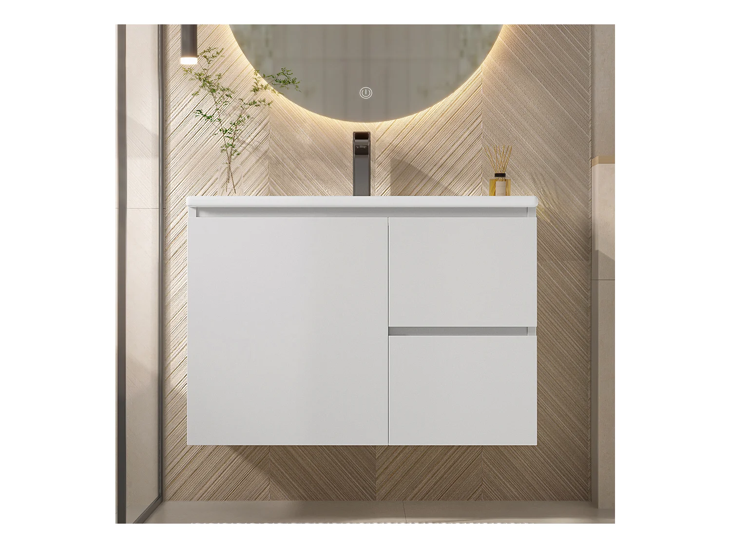 Meuble simple vasque suspendus - 76 x 46 x 50 cm - avec Leds + 2 tiroirs -  vasque intégrée - Céramique + MDF - blanc (Robinet non inclus)