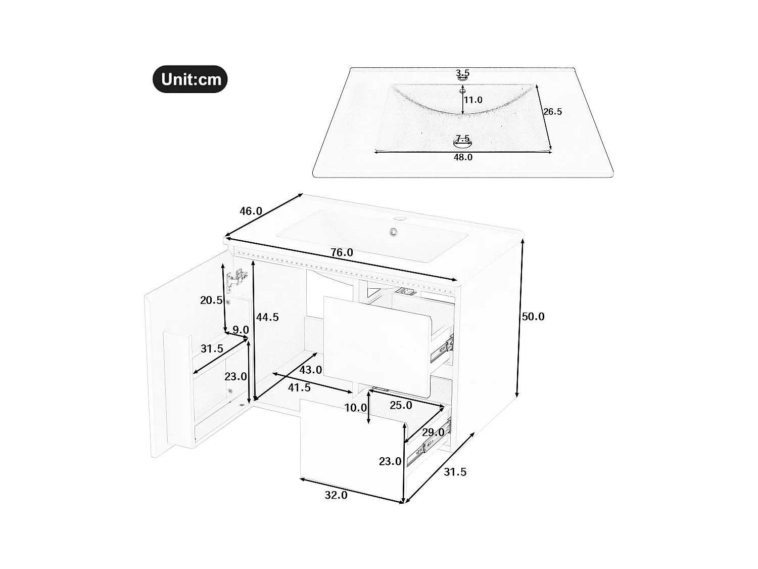 Meuble simple vasque suspendus - 76 x 46 x 50 cm - avec Leds + 2 tiroirs -  vasque intégrée - Céramique + MDF - blanc (Robinet non inclus)