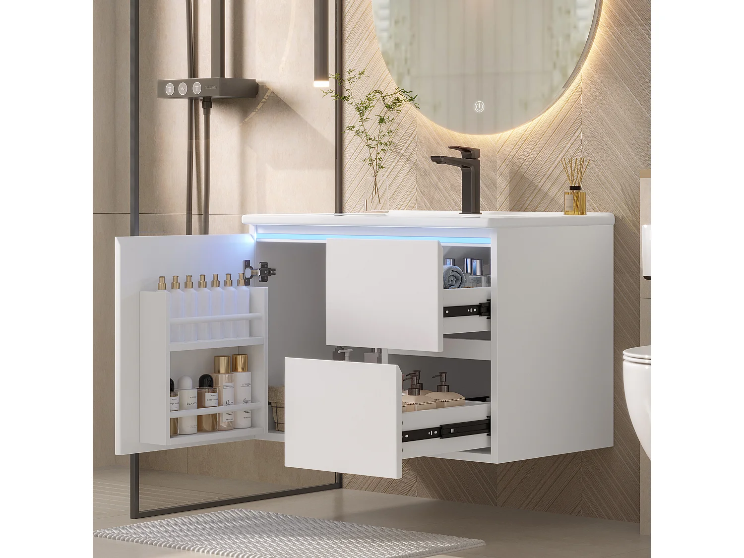 Meuble simple vasque suspendus - 76 x 46 x 50 cm - avec Leds + 2 tiroirs -  vasque intégrée - Céramique + MDF - blanc (Robinet non inclus)