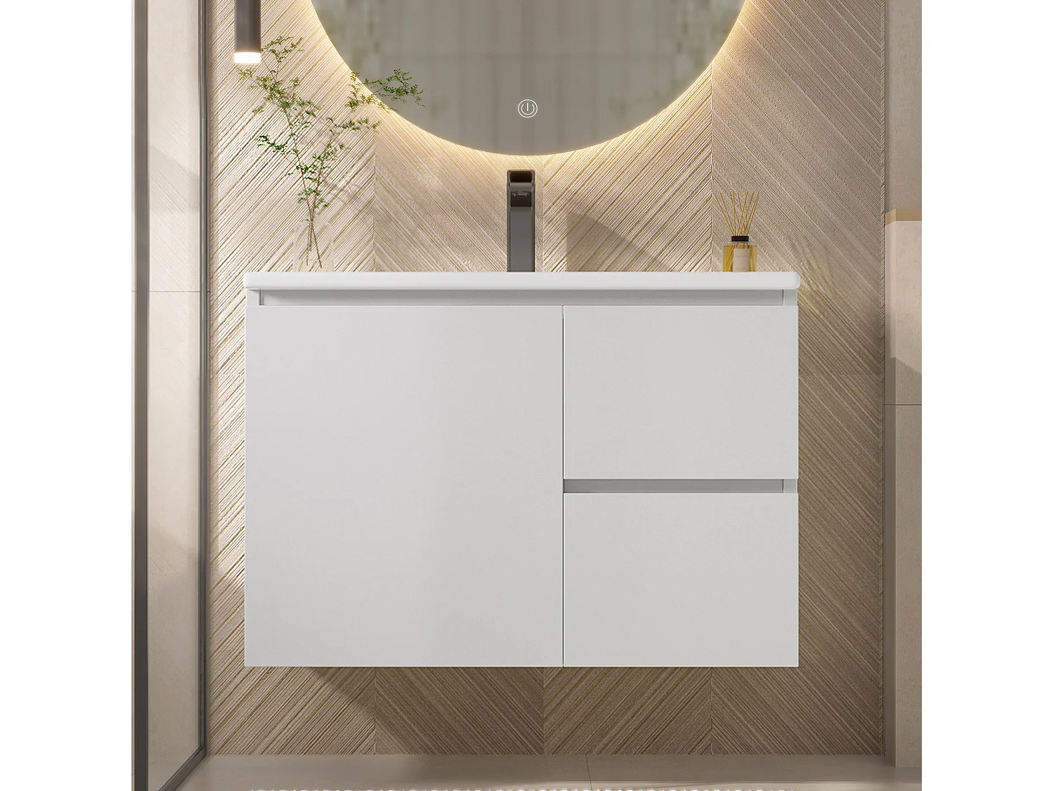 Meuble simple vasque suspendus - 76 x 46 x 50 cm - avec Leds + 2 tiroirs -  vasque intégrée - Céramique + MDF - blanc (Robinet non inclus)