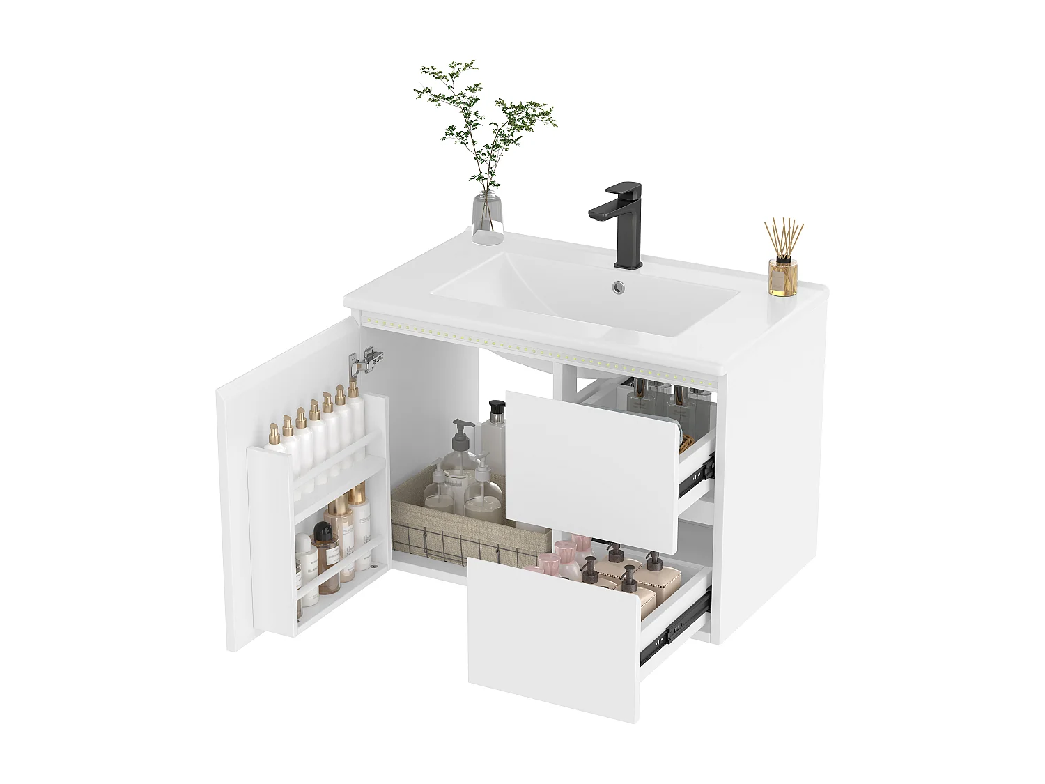 Meuble simple vasque suspendus - 76 x 46 x 50 cm - avec Leds + 2 tiroirs -  vasque intégrée - Céramique + MDF - blanc (Robinet non inclus)