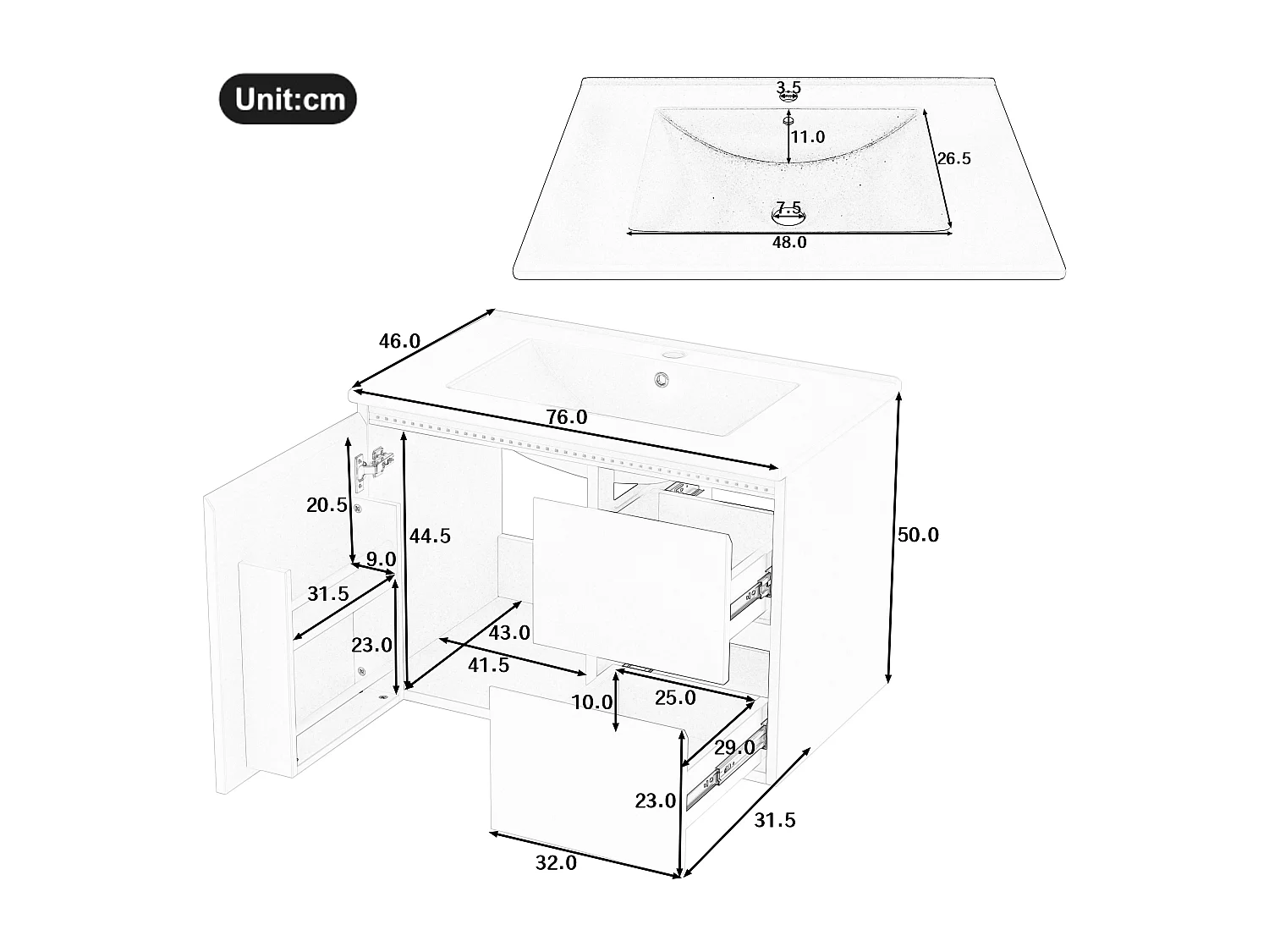 Meuble simple vasque suspendus - 76 x 46 x 50 cm - avec Leds + 2 tiroirs -  vasque intégrée - Céramique + MDF - blanc (Robinet non inclus)