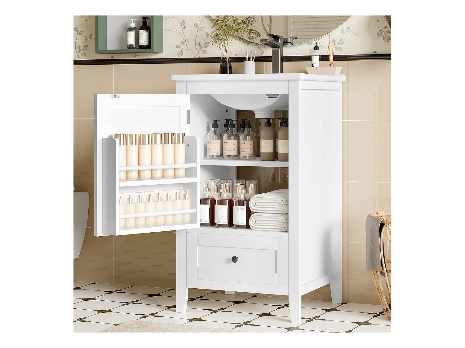 Meuble simple vasque posé au sol - 51 x 46 x 85 cm - avec vasque céramique - avec rangements -  Céramique + MDF - blanc (Robinet non inclus)
